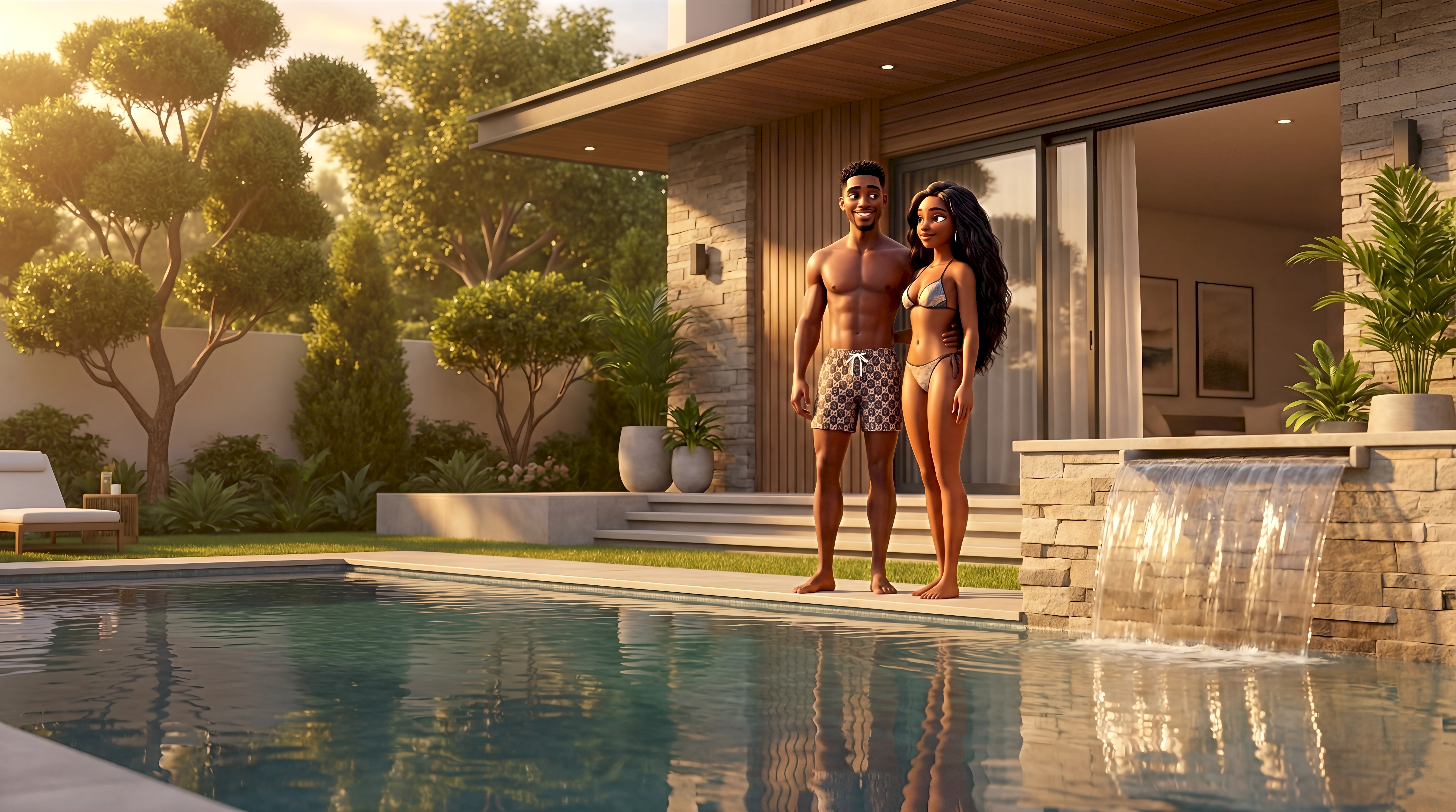 Two stylized 3D virtual beings — a Black man in designer swim shorts and a Black