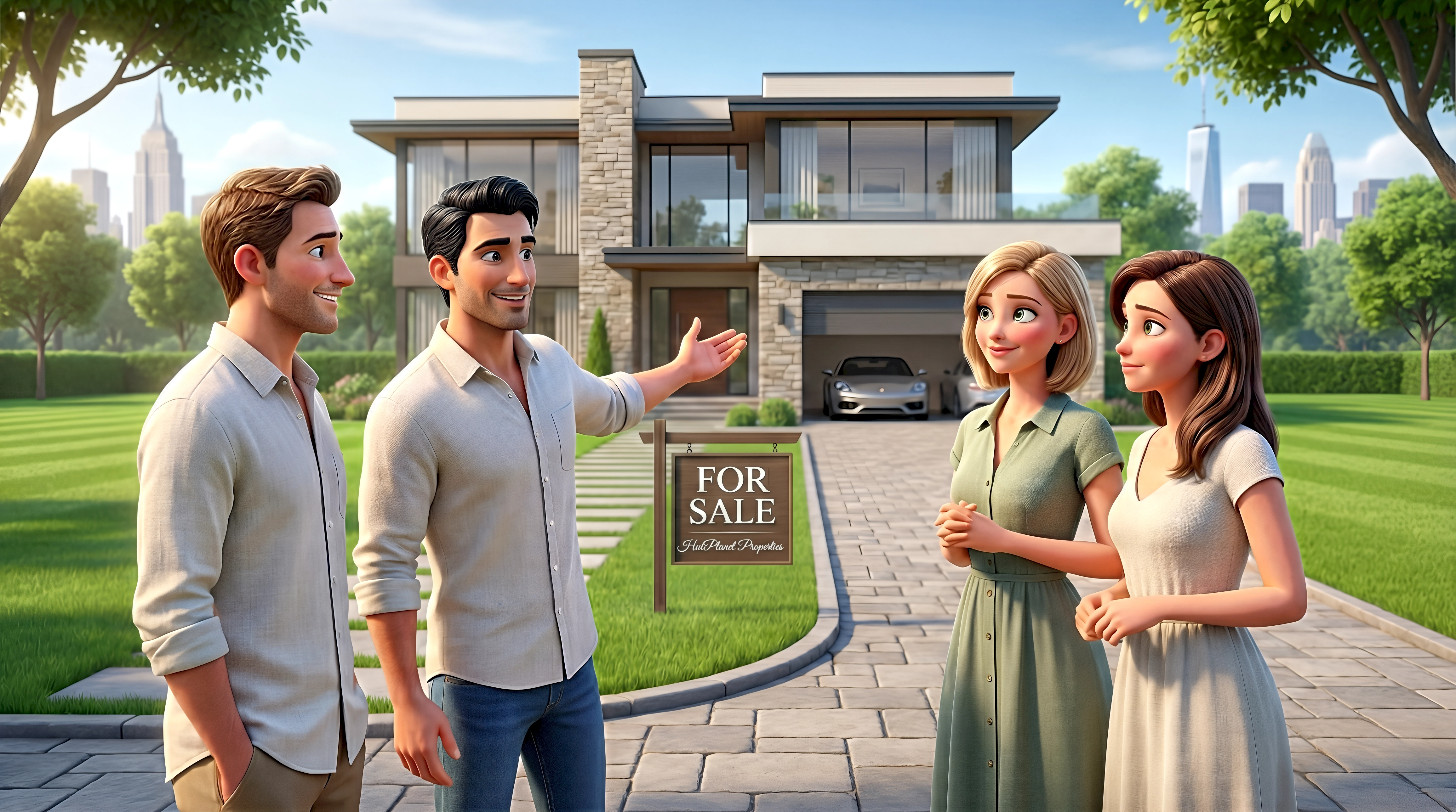 Four stylized 3D animated avatar characters — a white man in a cream linen shirt, a