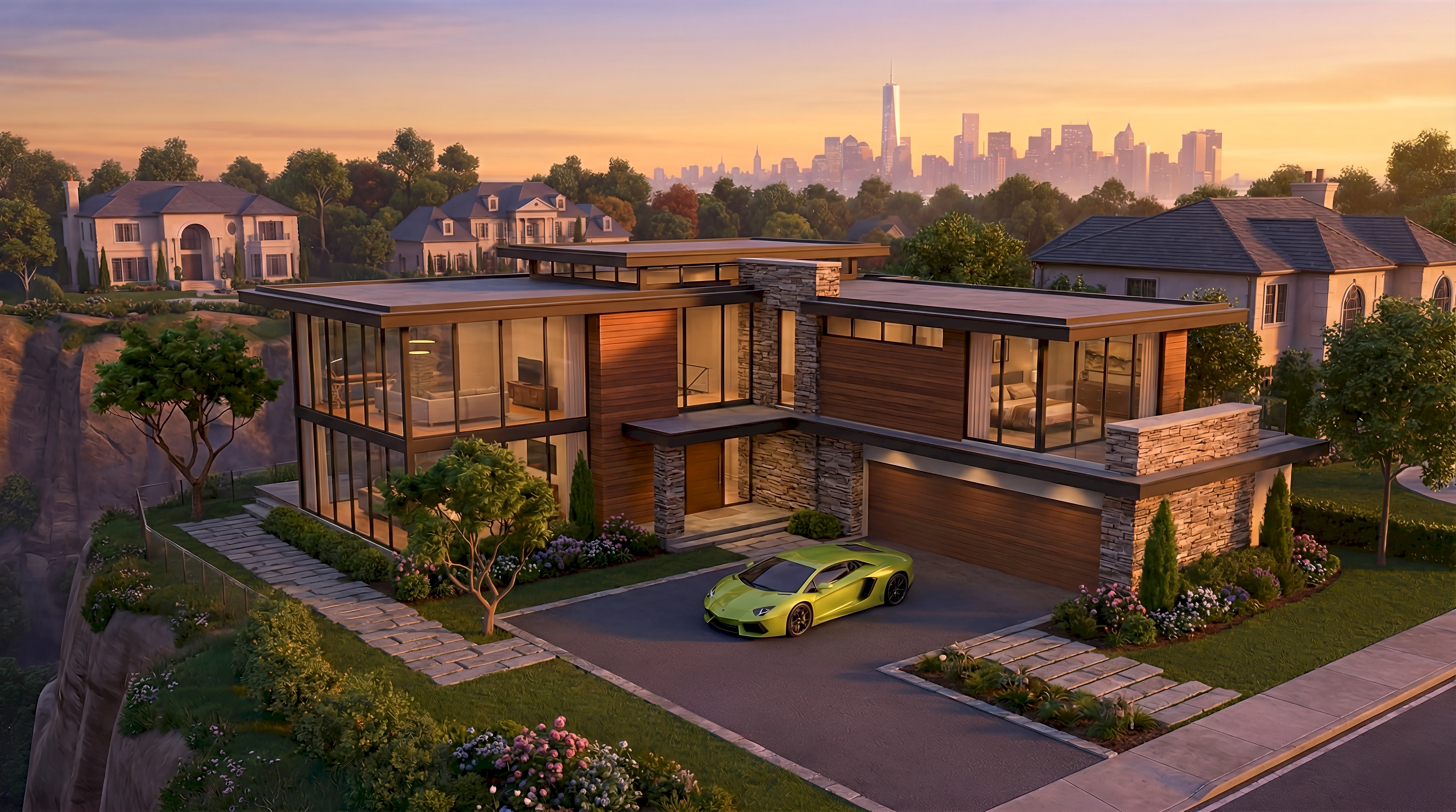 A 3D render of a sprawling contemporary luxury estate perched on a dramatic cliff-edge in Spuyten