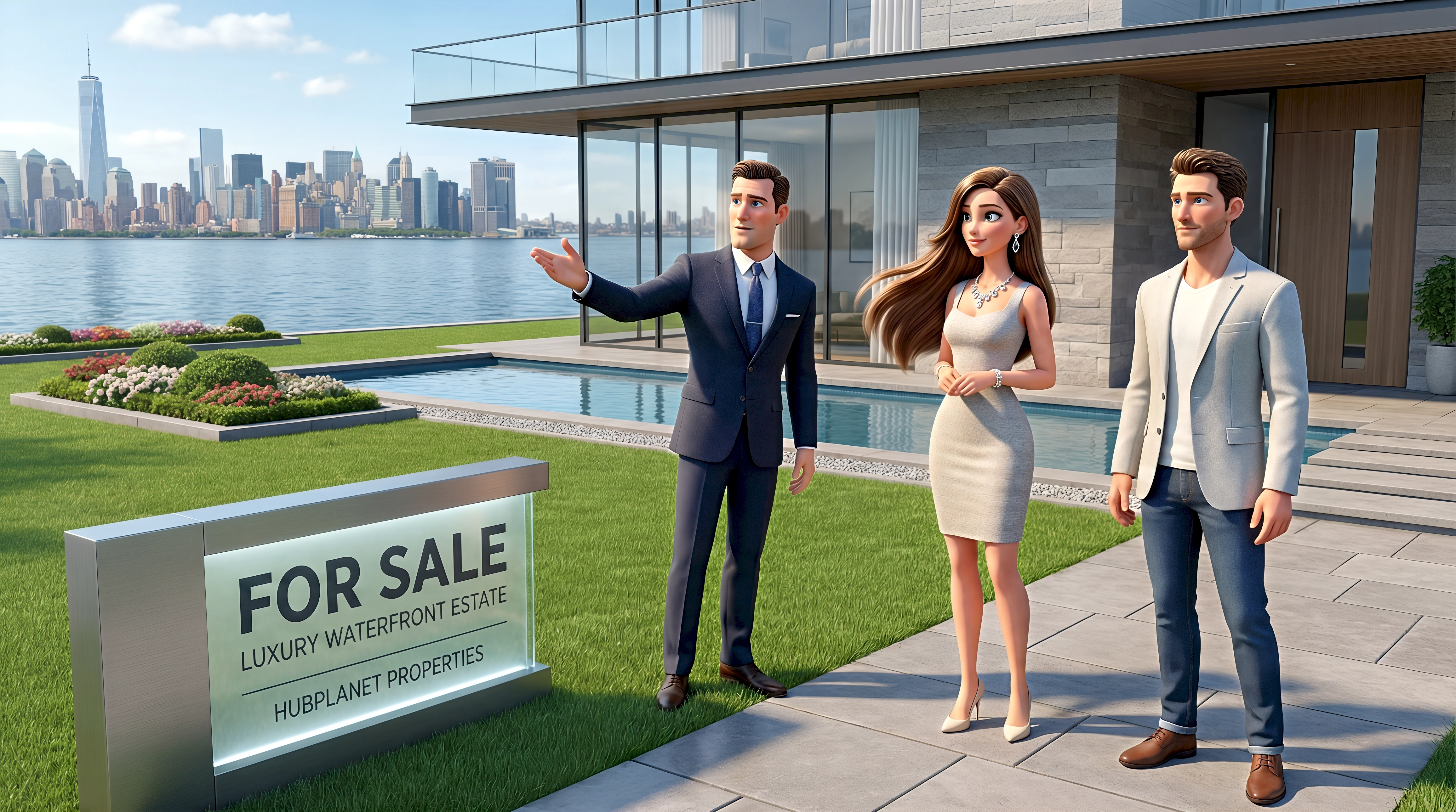 Three stylized 3D digital human characters — a white woman in a fitted grey bodycon dress