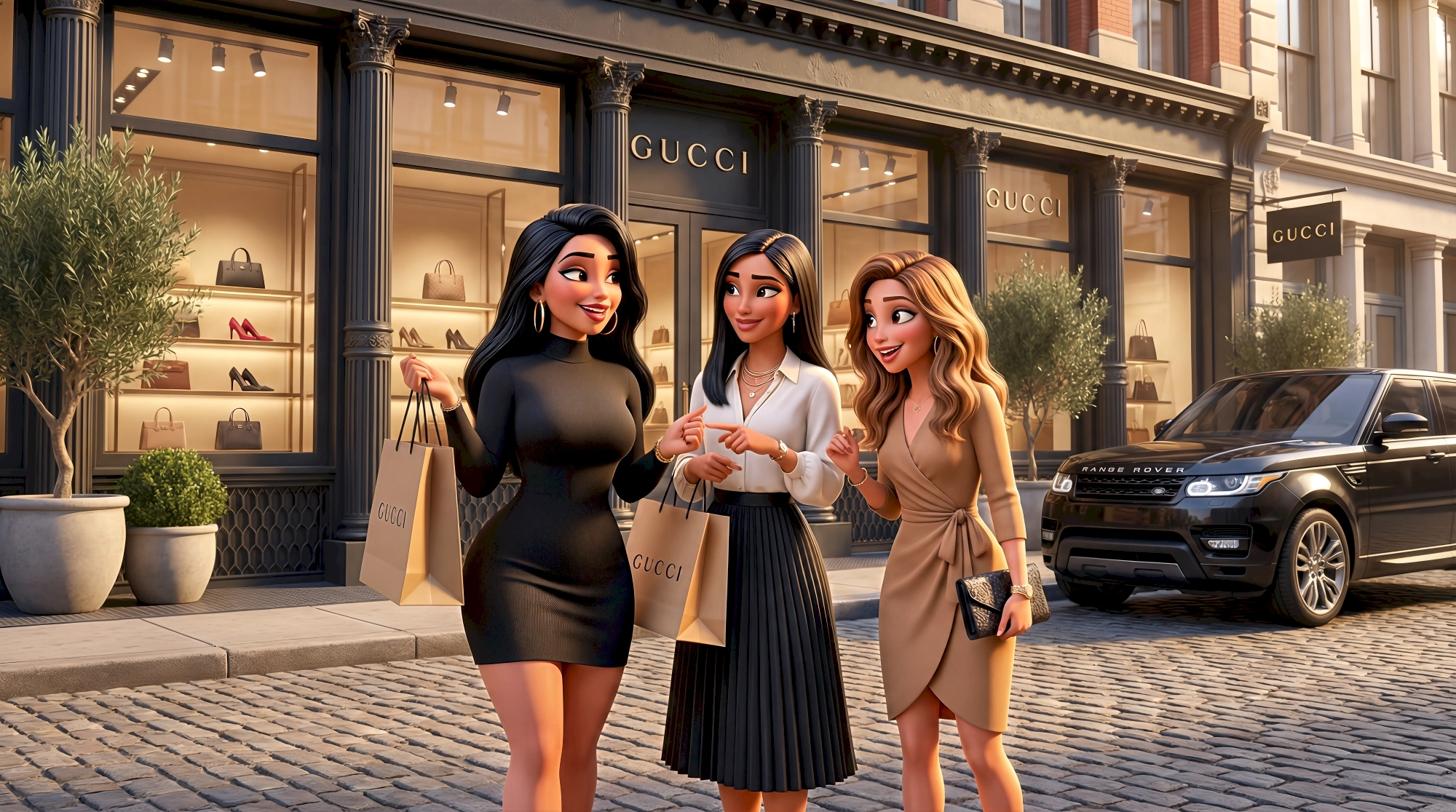 Three diverse women — a Middle Eastern woman in a black bodycon dress, a South Asian woman in a white blouse…