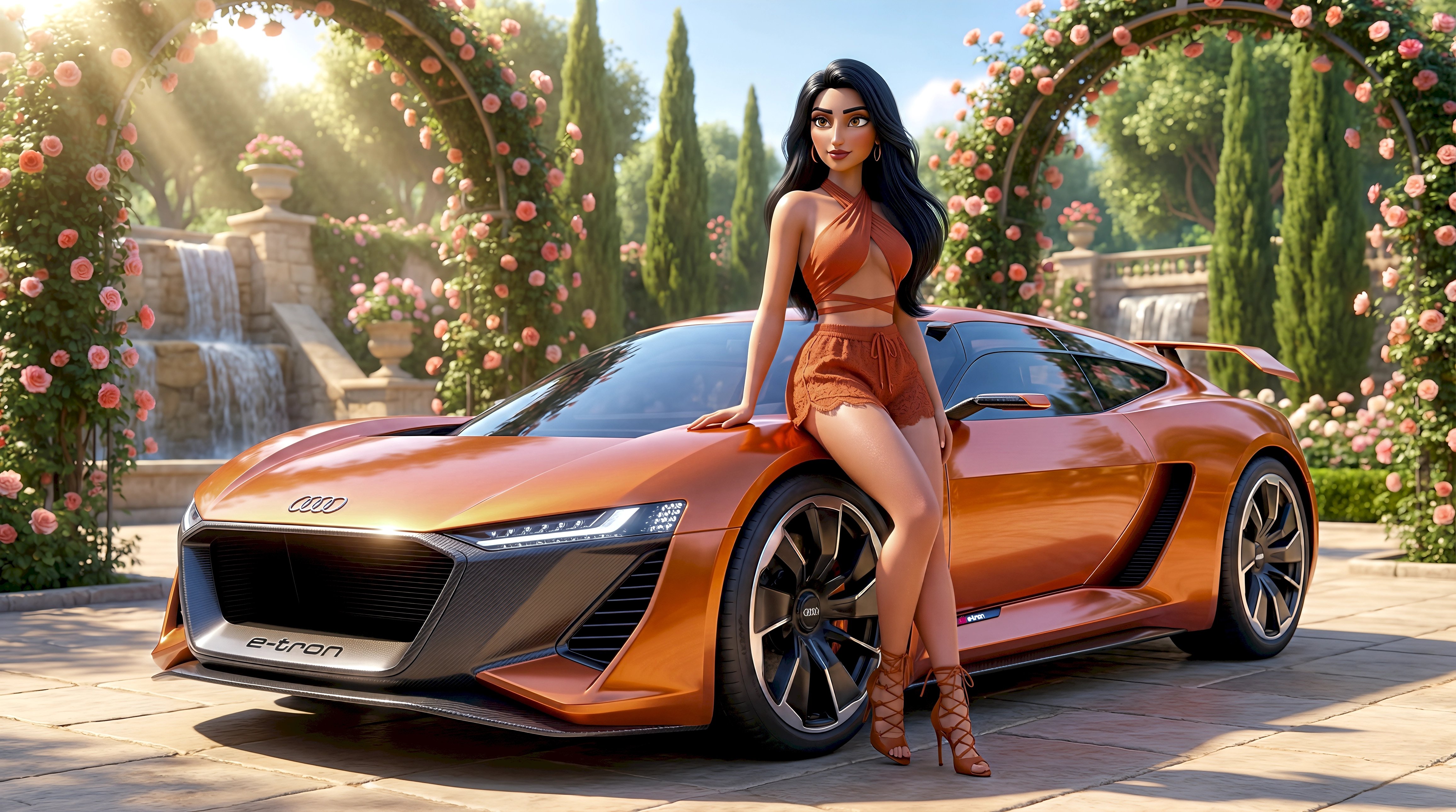 High-fidelity 3D candy orange Audi PB18 e-tron electric mega car at a Bronxville botanical estate in