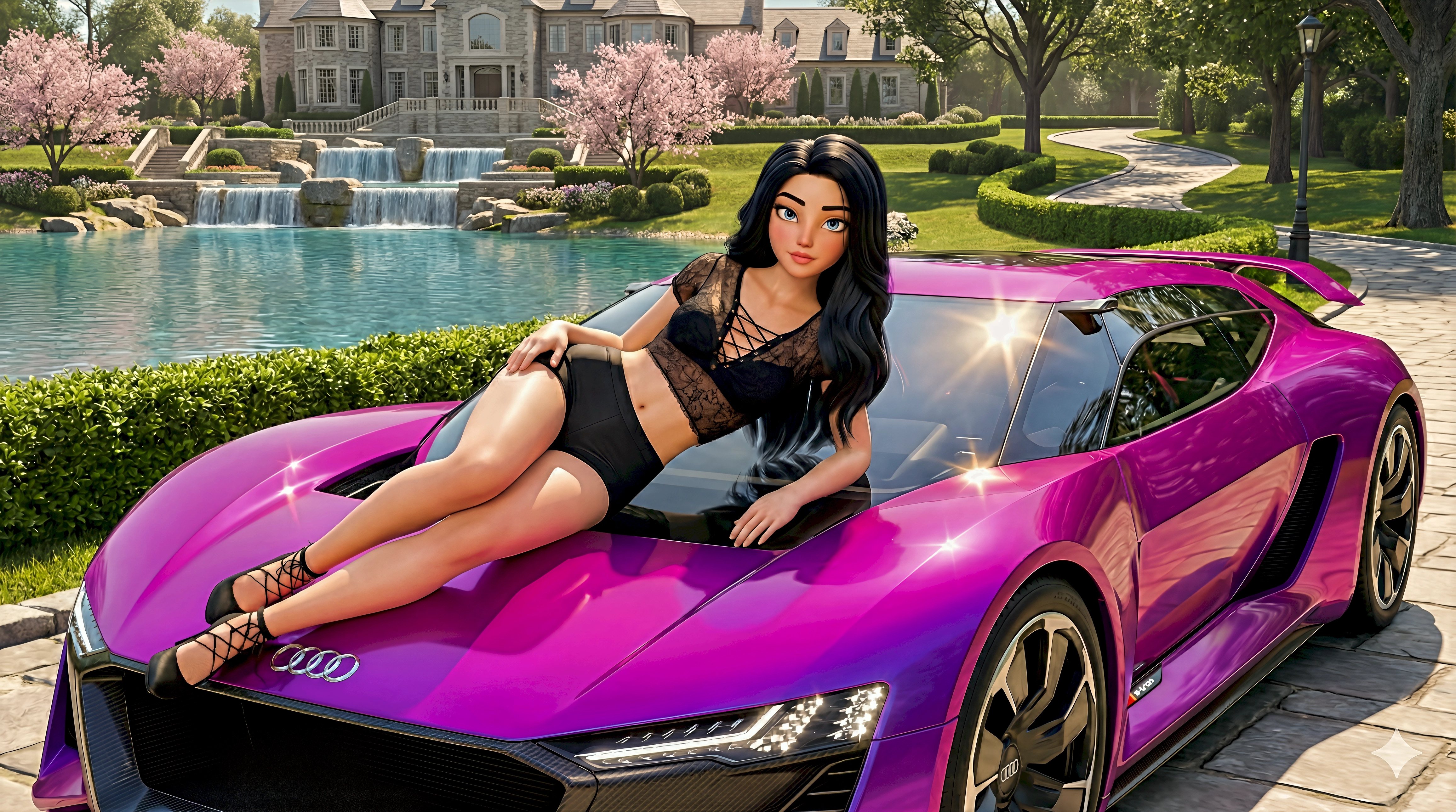 High-fidelity 3D magenta Audi PB18 e-tron electric mega car at a Lattingtown stone manor estate within