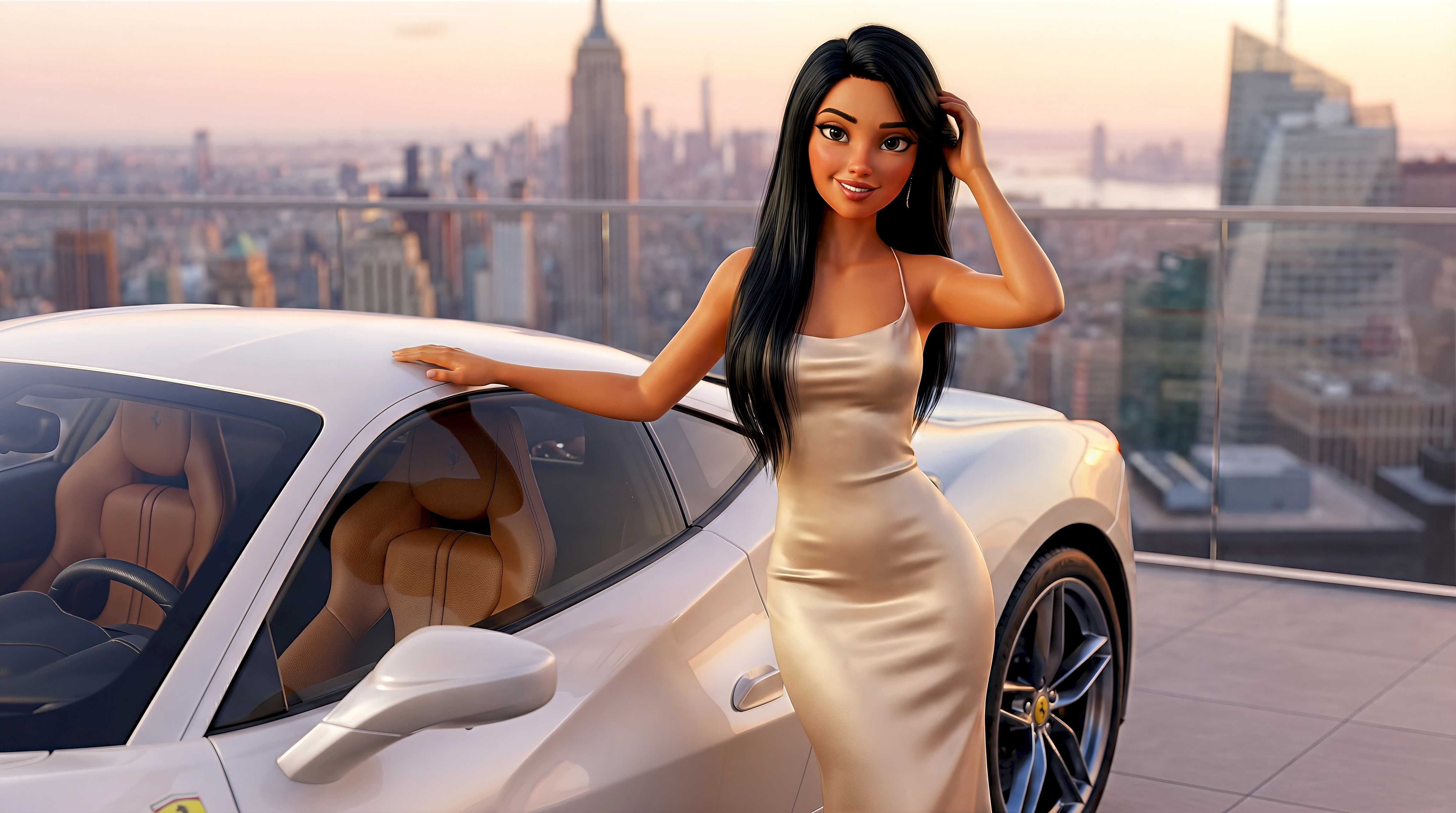 White Ferrari F8 Tributo at a NoMad Manhattan penthouse terrace within the HubPlanet Digital Twin, featured