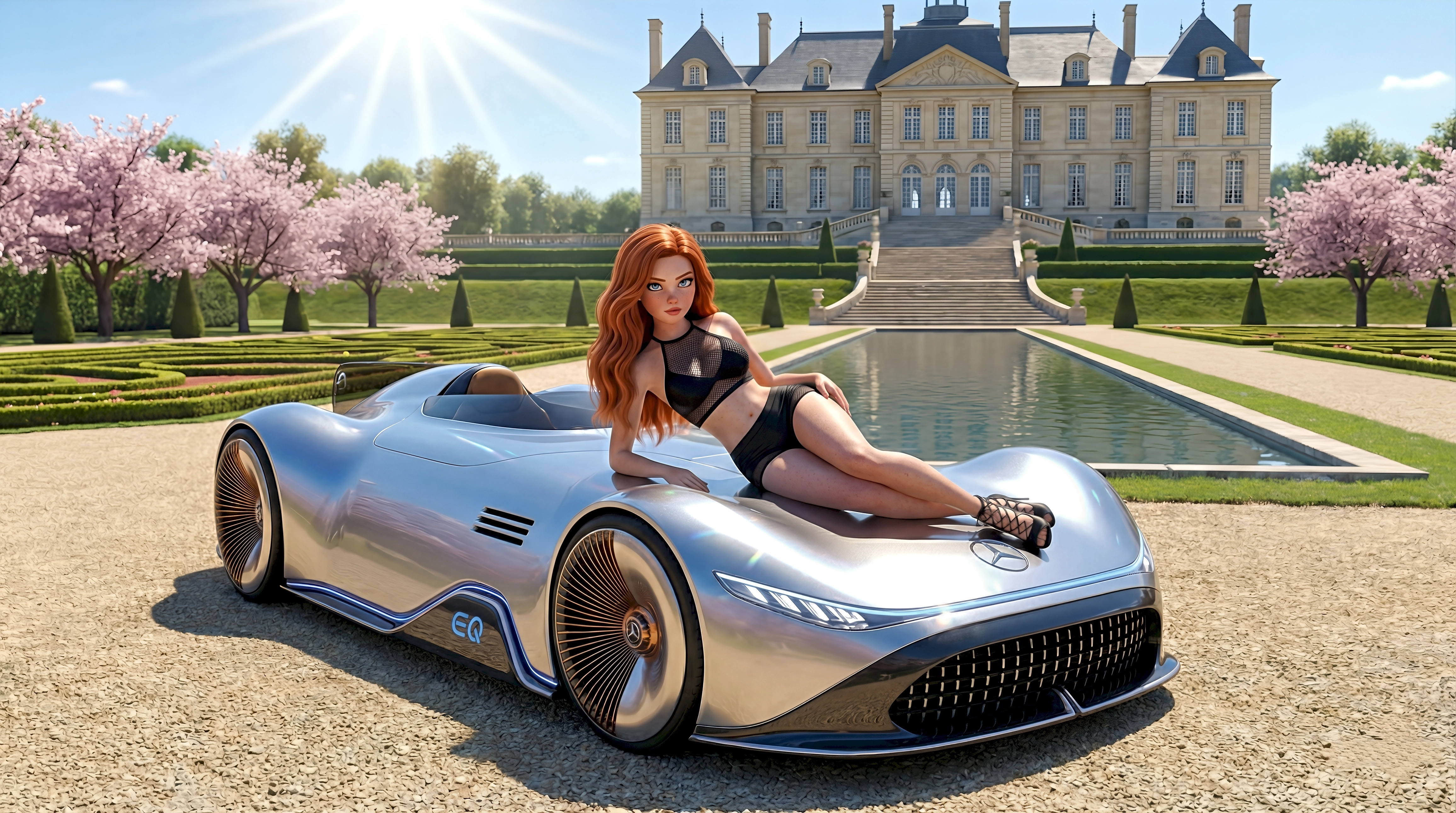 High-fidelity 3D silver Mercedes-Benz Vision EQ Silver Arrow electric mega car at a luxury Old Westbury