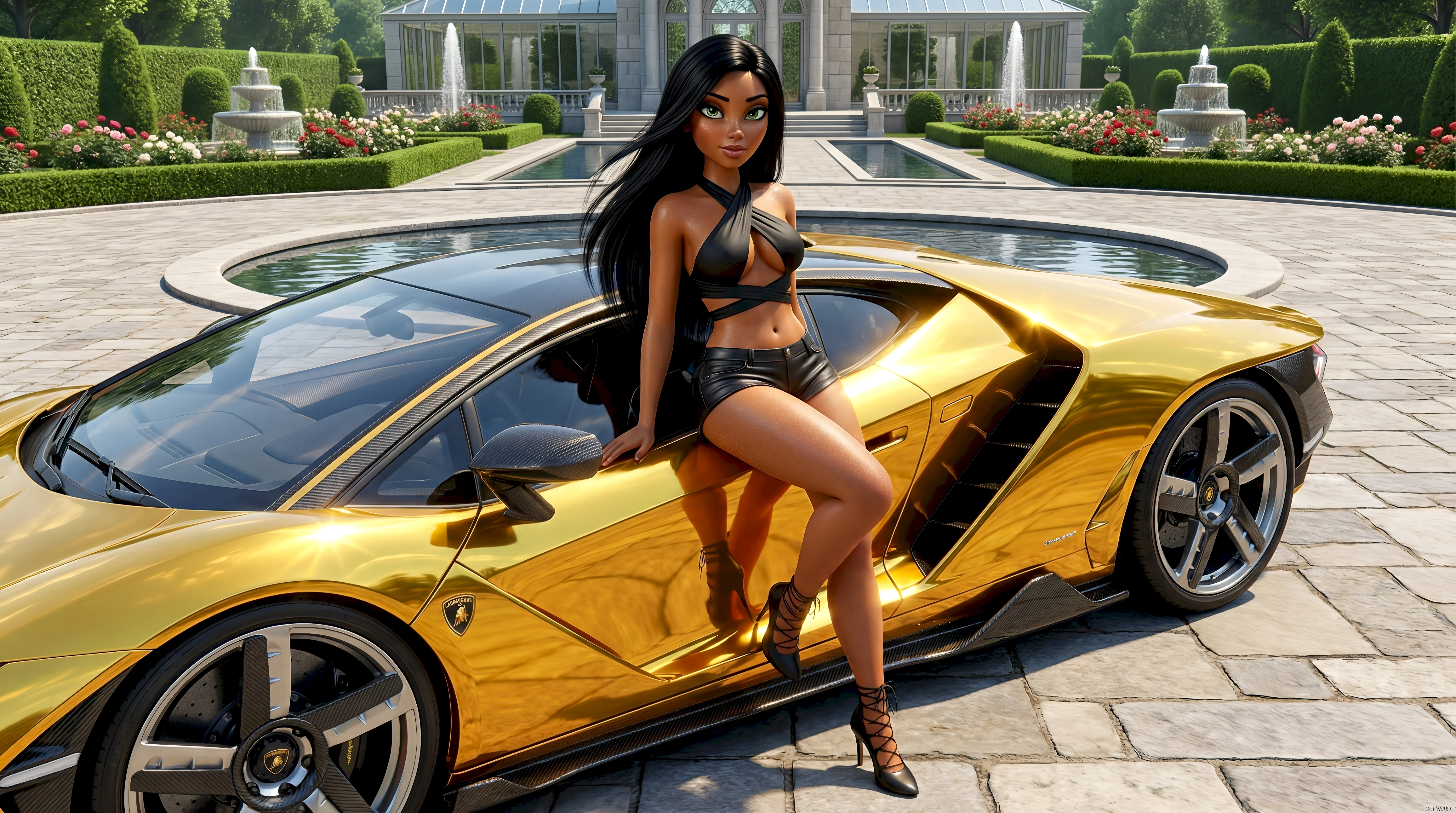 High-fidelity 3D liquid gold Lamborghini Centenario at a luxury Saddle Rock estate within the HubPlanet Digital