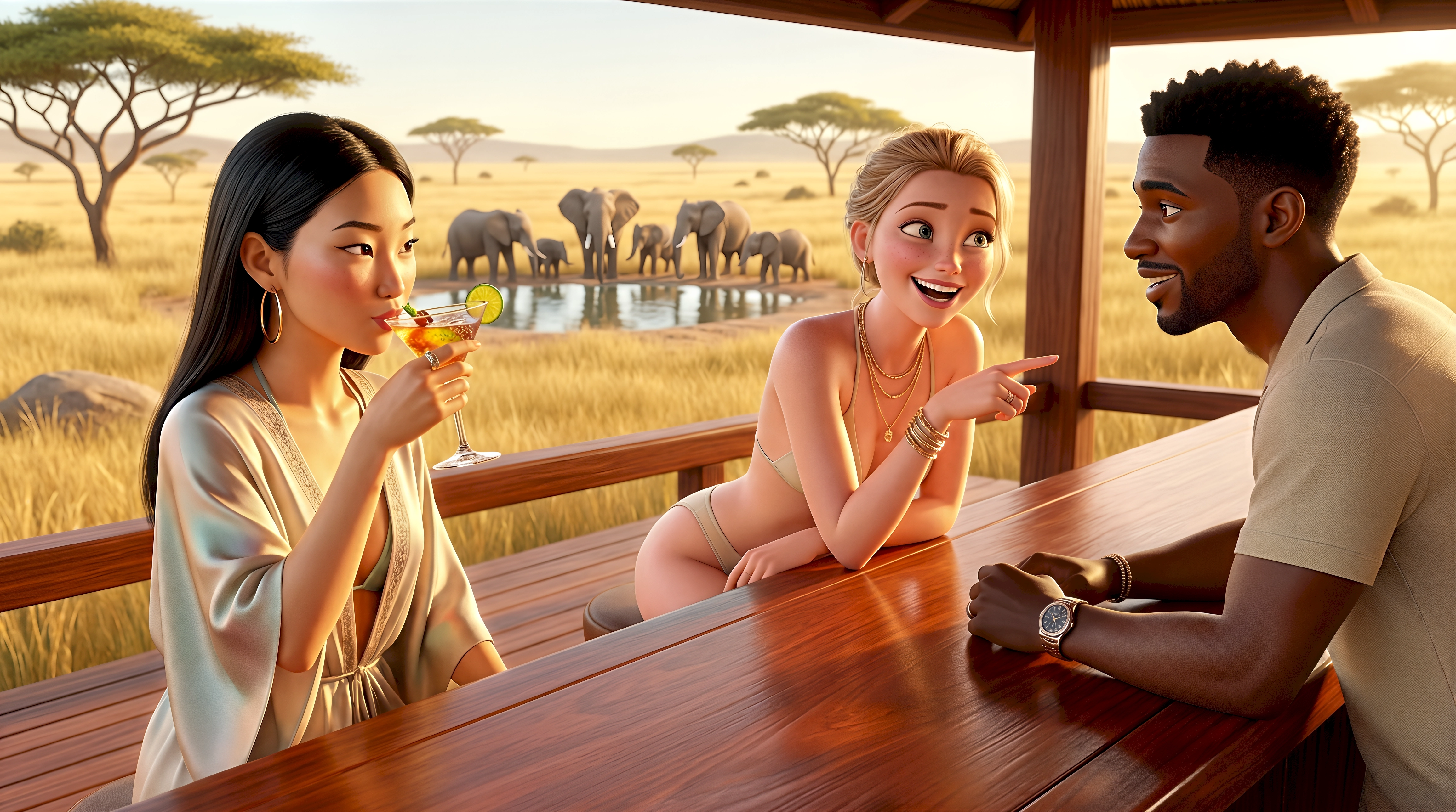 Three vibrant 3D animated characters including two women in resort wear and a man with a