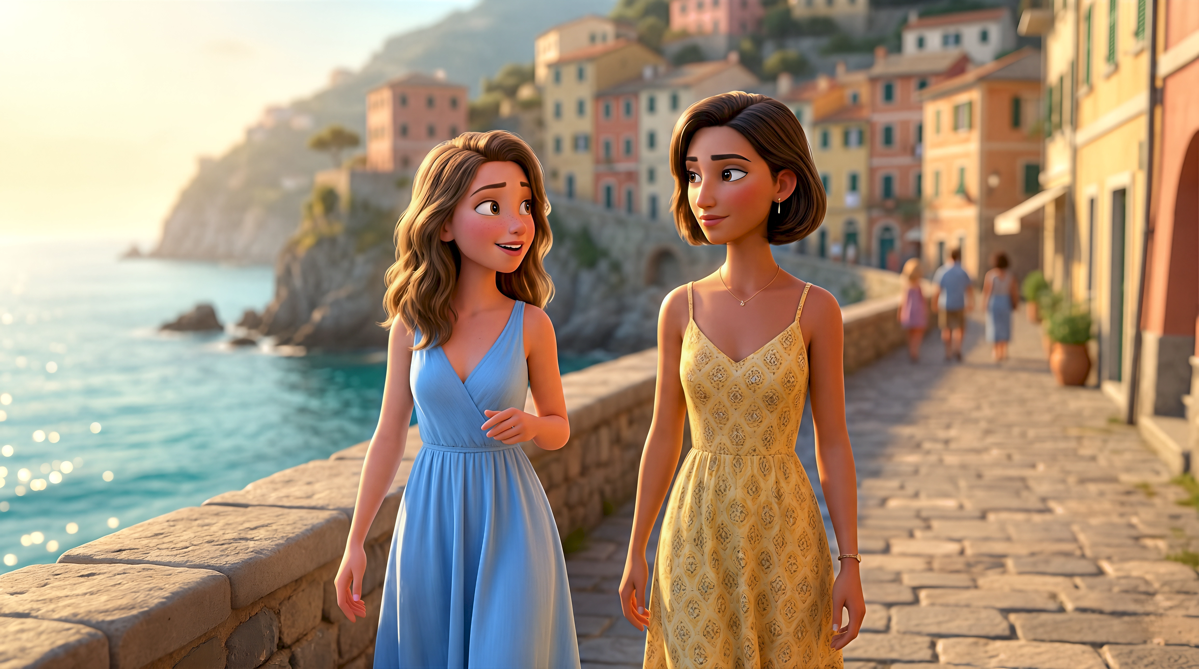 Two stylish 3D animated women in flowing sundresses stroll along the cobblestone seafront promenade of a