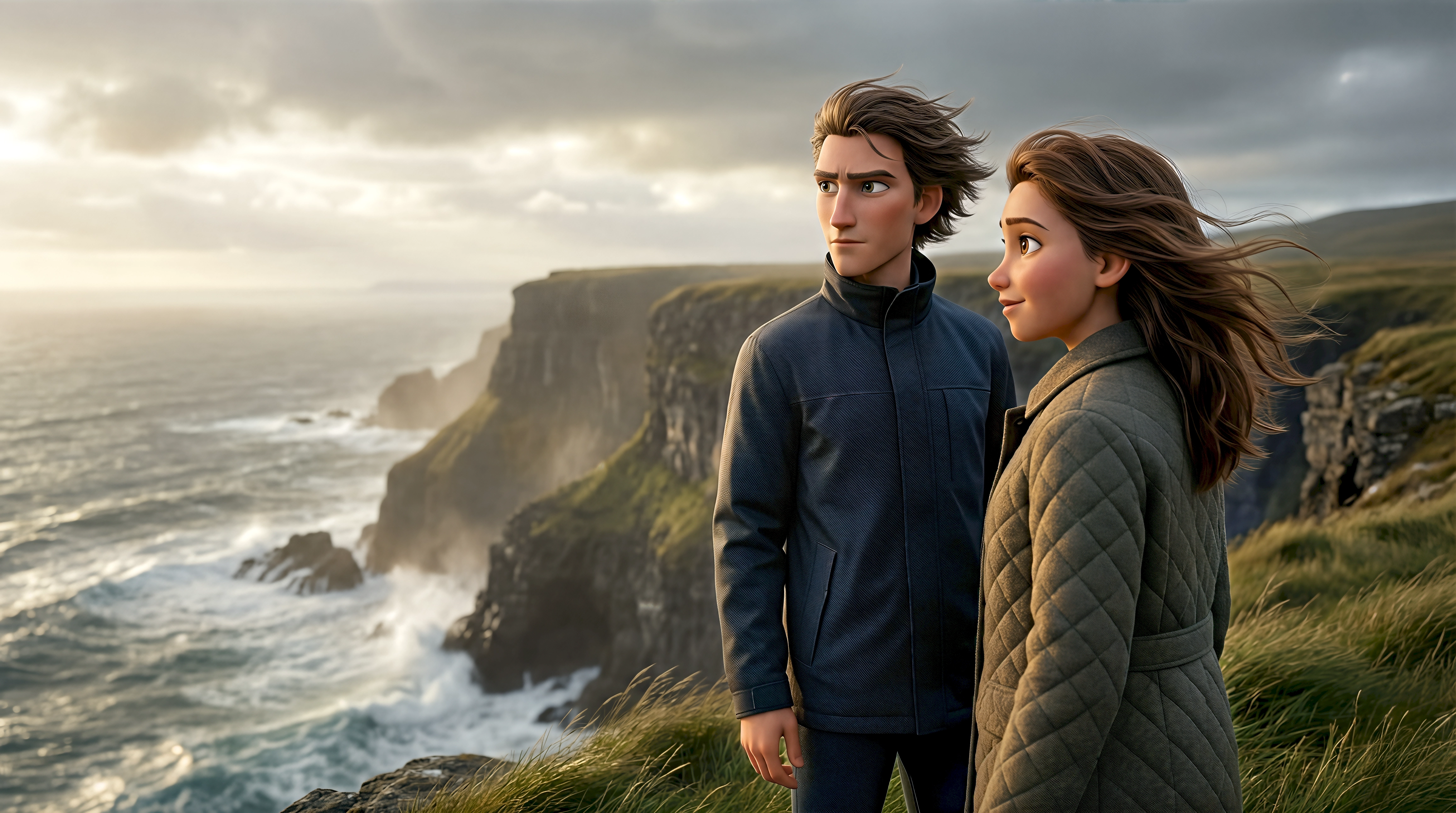 Two expressive 3D animated characters including a man in a dark zip jacket and a woman