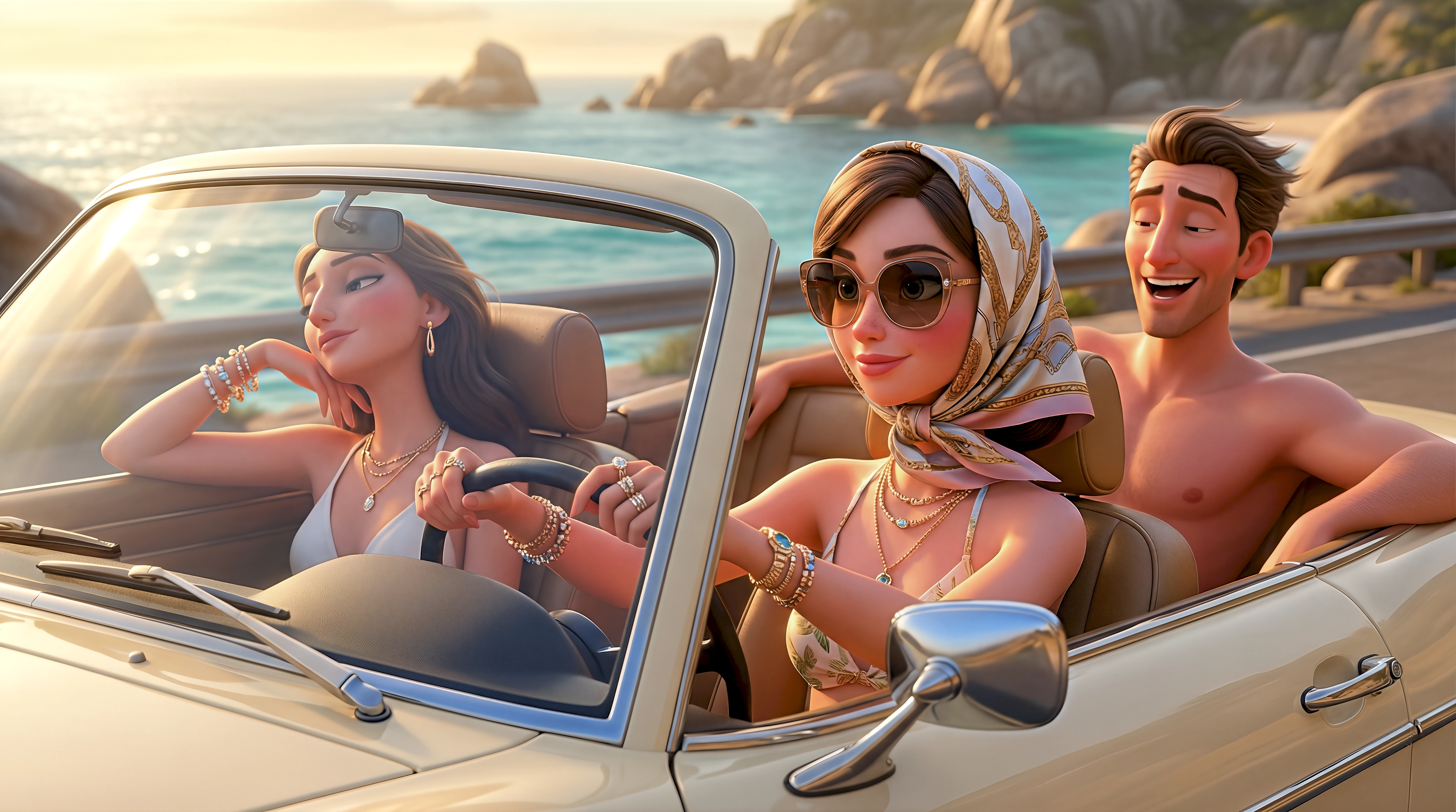 Three glamorous 3D animated characters including two women in bikinis and silk accessories and a shirtless