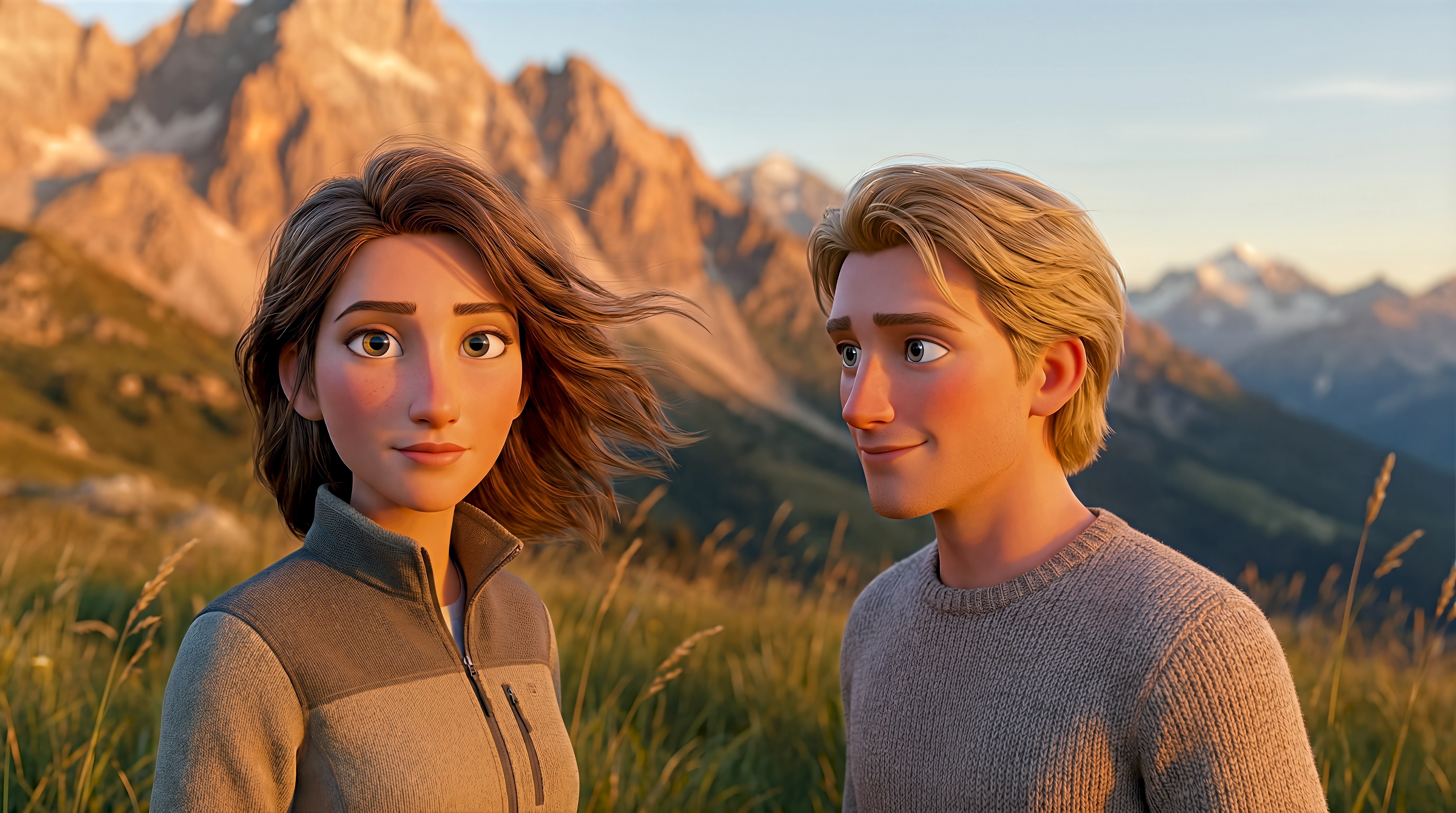 Two stylized 3D animated characters in fleece and knit sweaters stand in a windswept alpine meadow