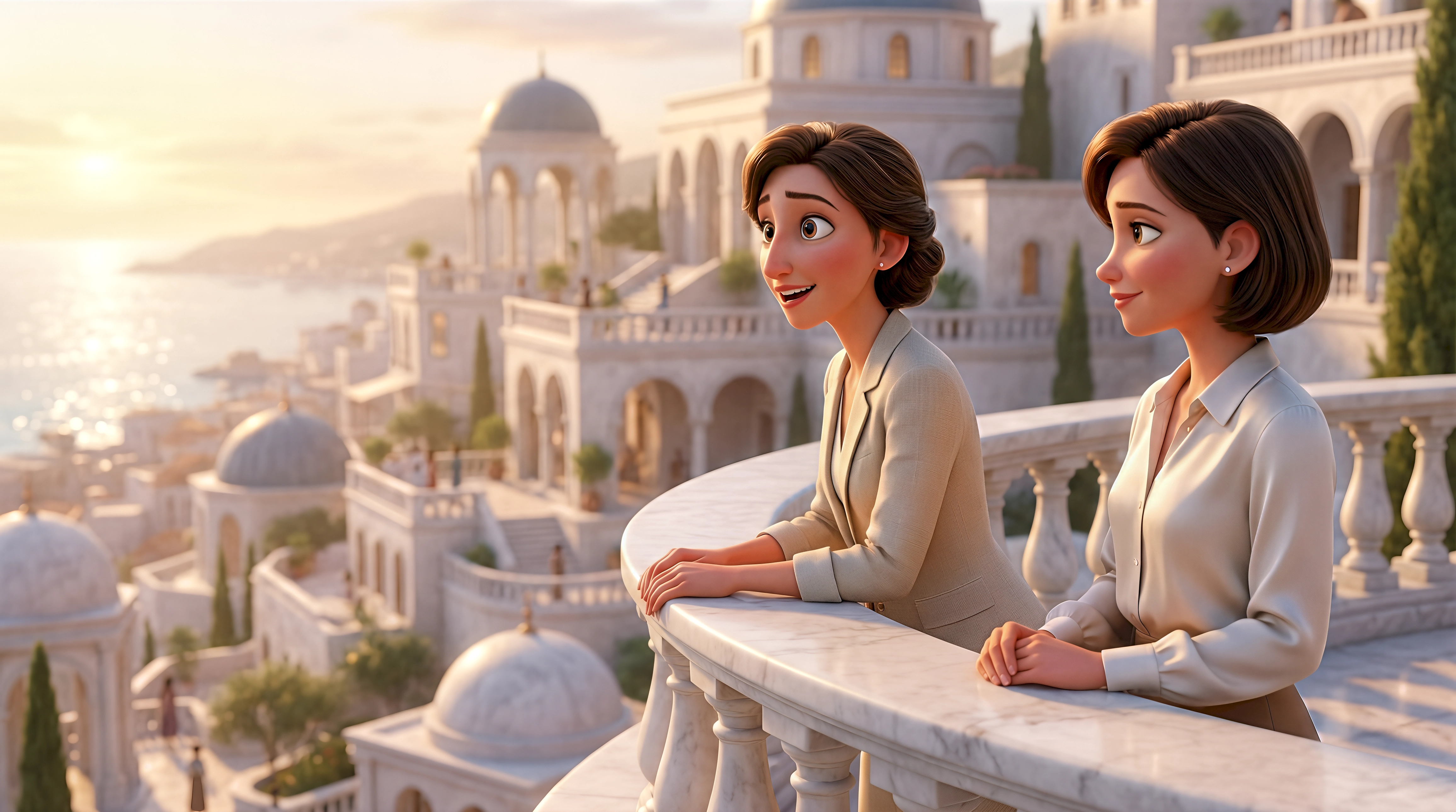 Two sophisticated 3D animated women in tailored blazers lean on a curved white marble terrace taking
