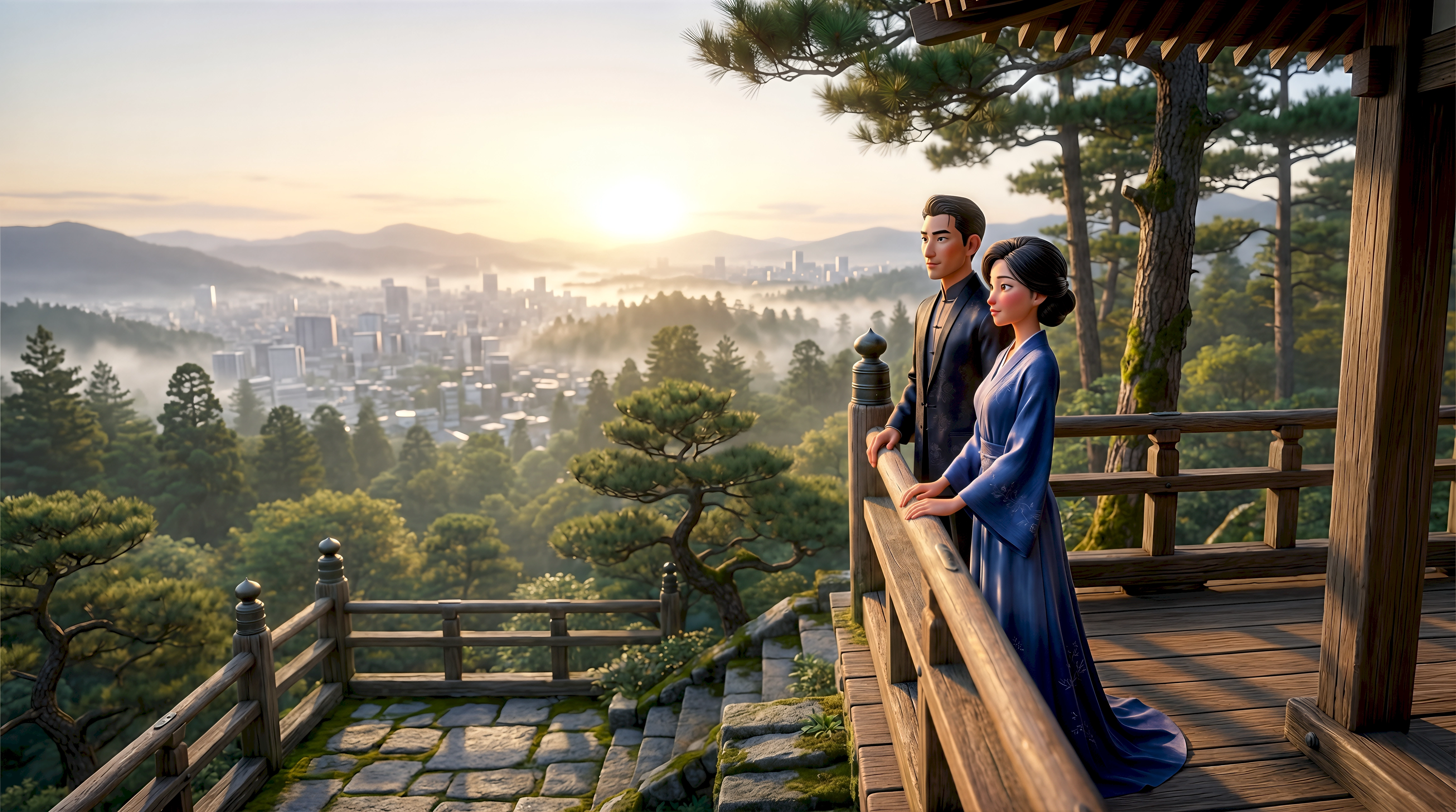 Two elegant 3D animated characters in a dark mandarin jacket and blue kimono stand on an