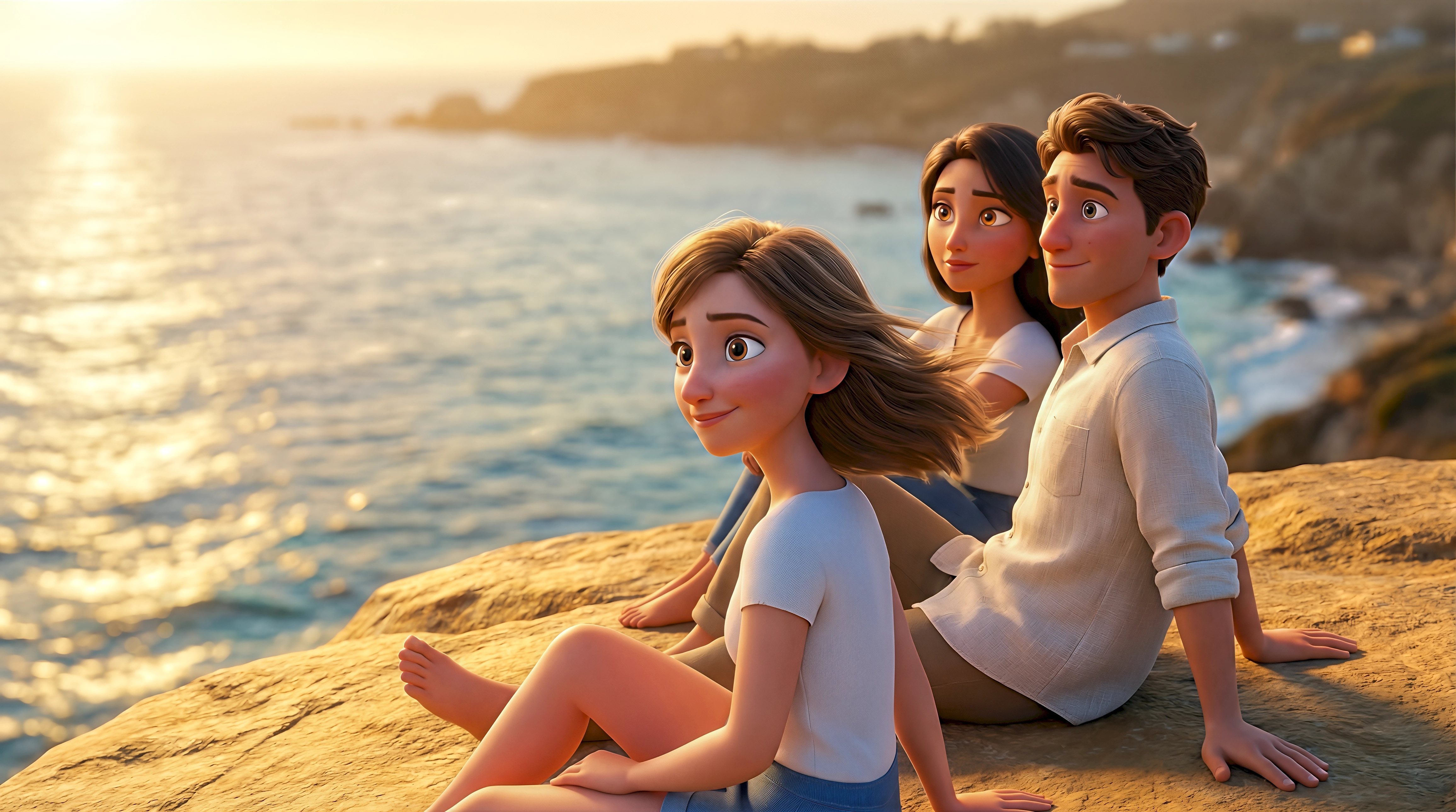 Three relaxed 3D animated characters in casual coastal wear sit on warm sandstone cliffs watching the