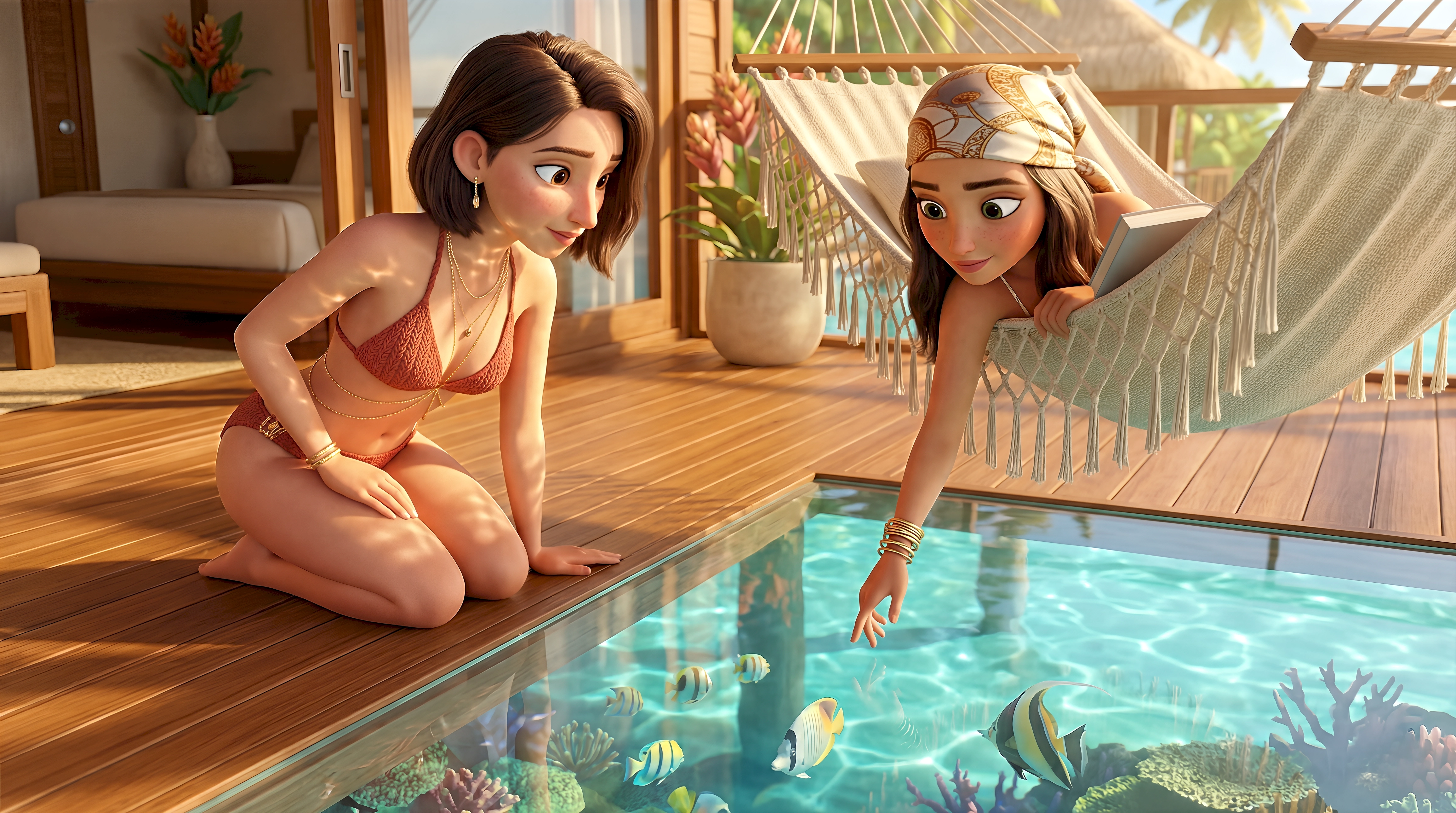 Two expressive 3D animated women in swimwear and resort accessories lean over a glass floor panel