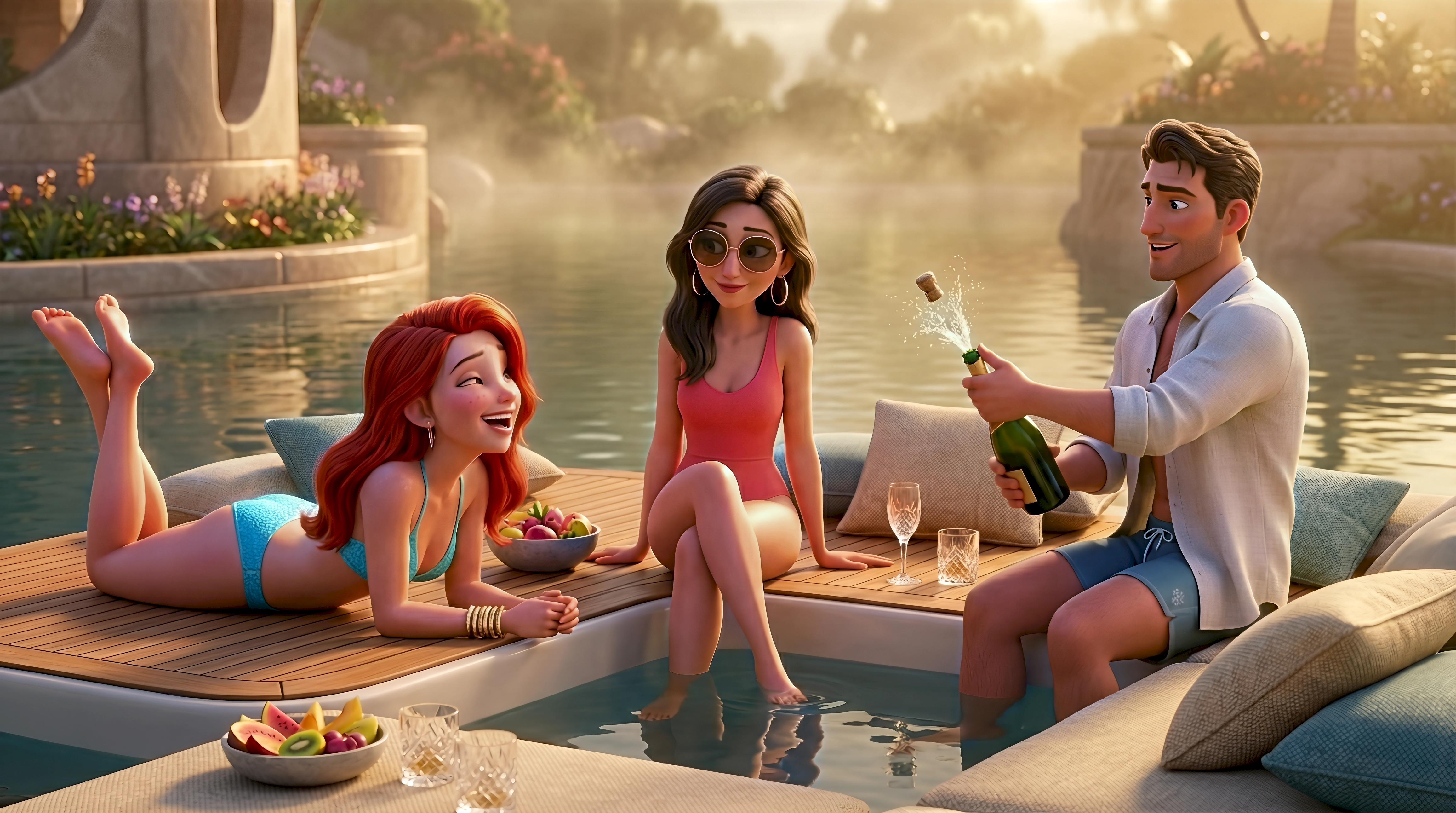 Three vibrant 3D animated characters in swimwear lounge on a floating teak pool platform popping champagne