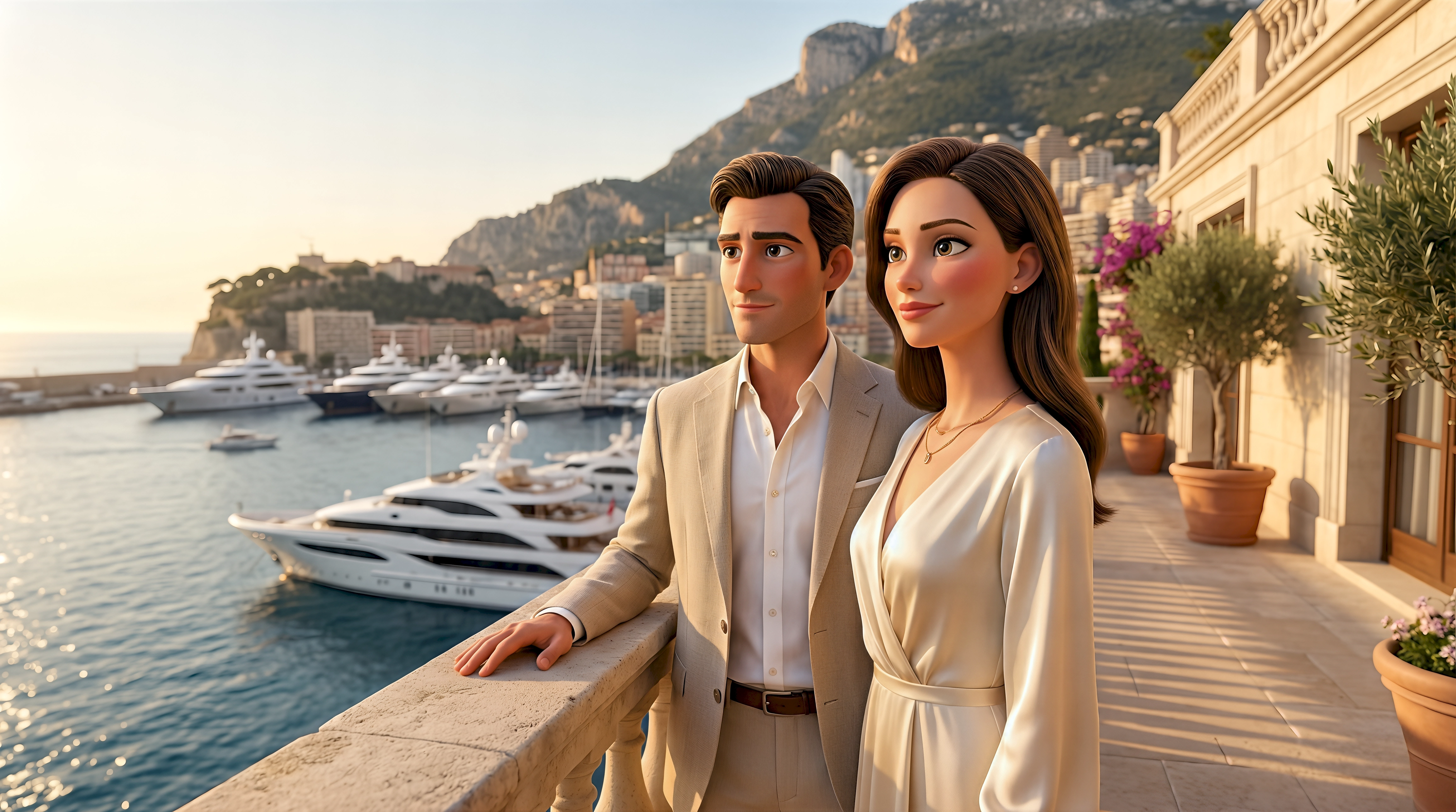 Two sophisticated 3D animated characters in a linen suit and silk wrap dress stand on a