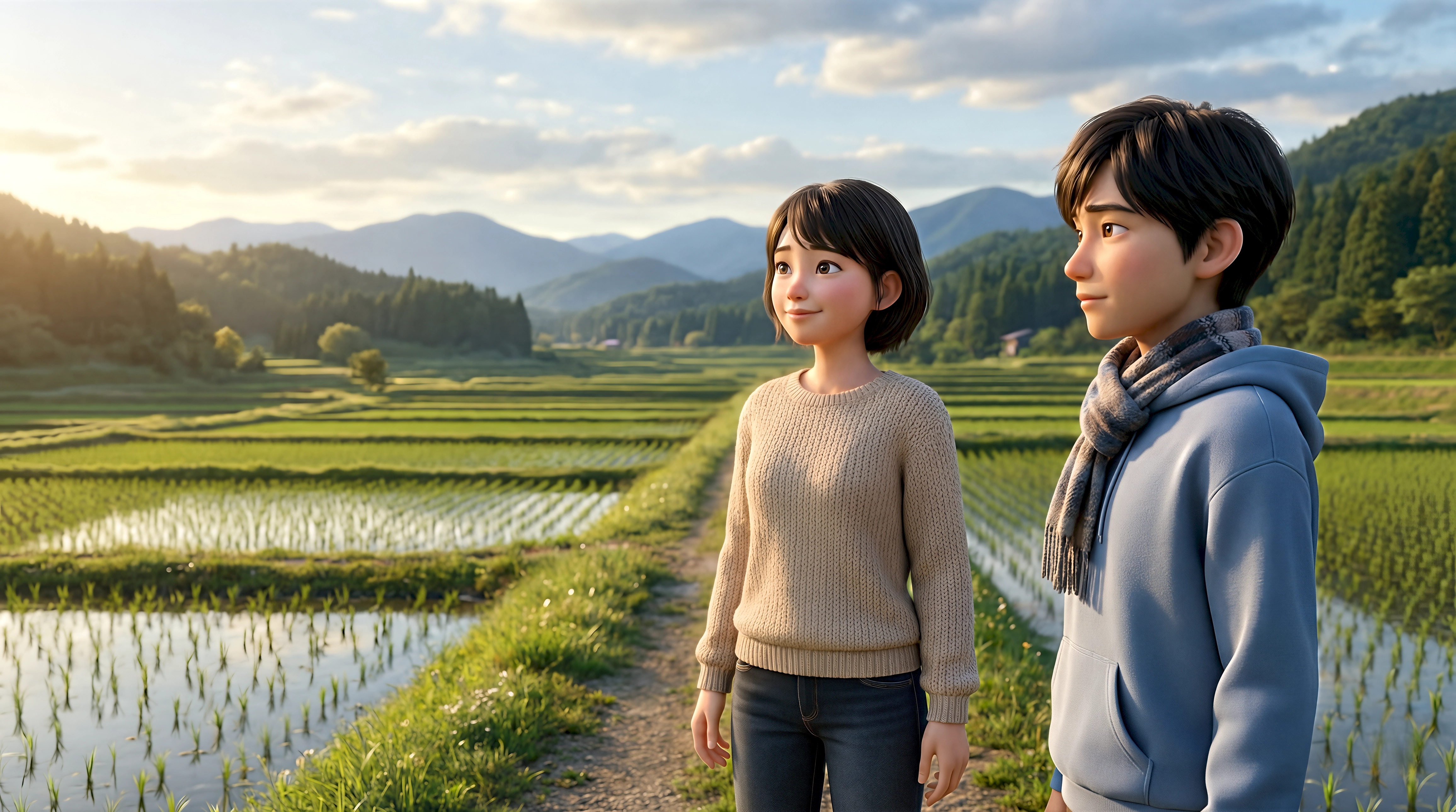 Two stylized 3D animated characters including a woman in a knit sweater and a young man