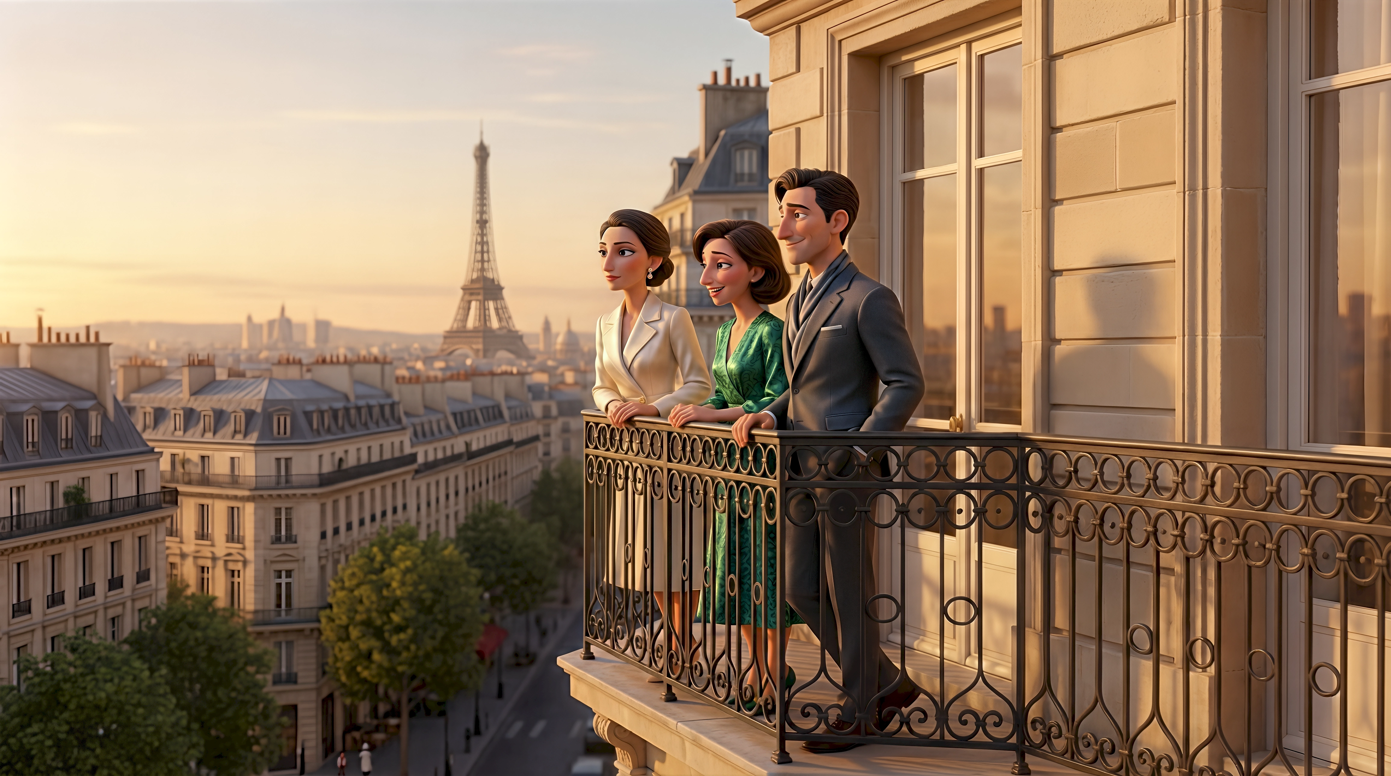 Three elegant 3D animated characters including two women in a cream blazer and green dress and
