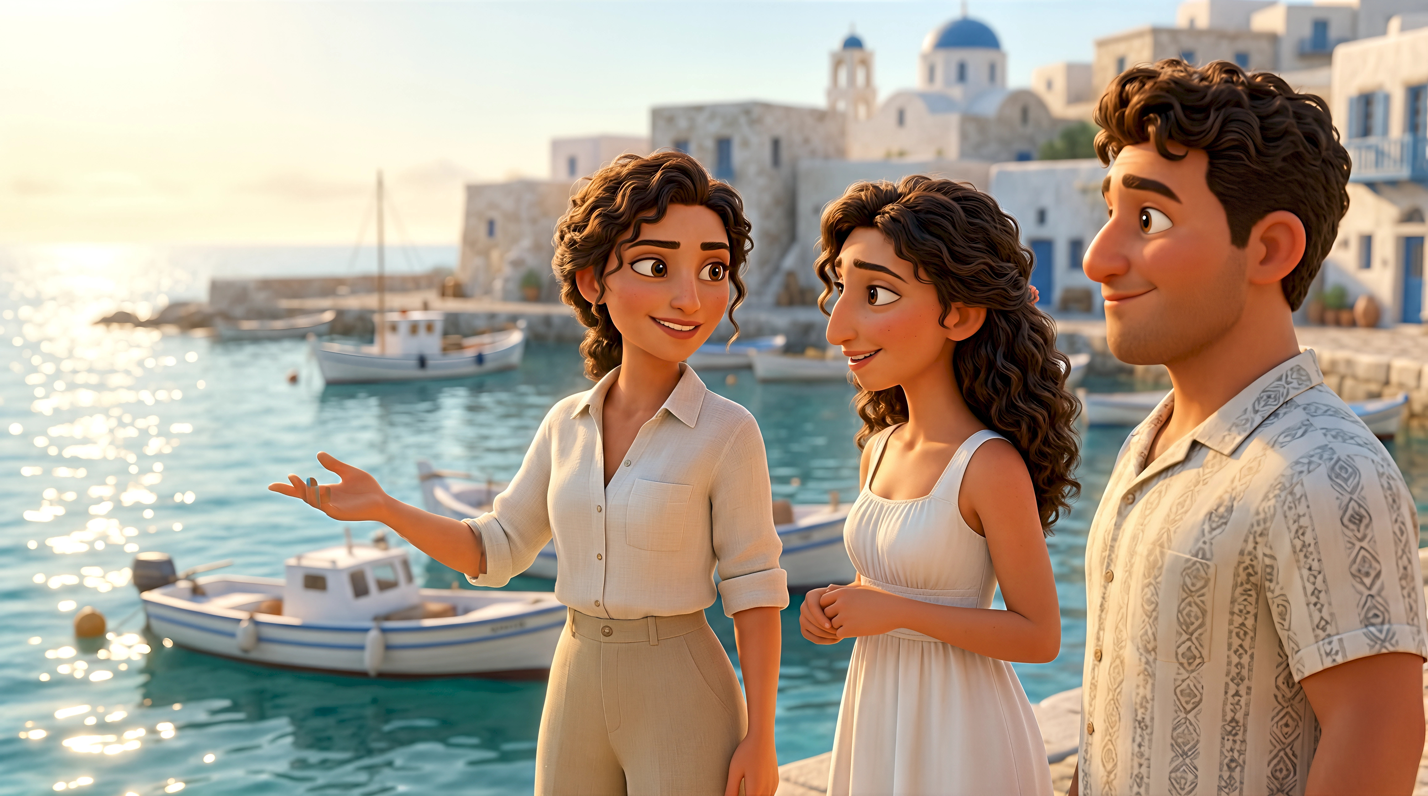 Three expressive 3D animated characters in linen shirts and summer dresses explore the sparkling waterfront harbour