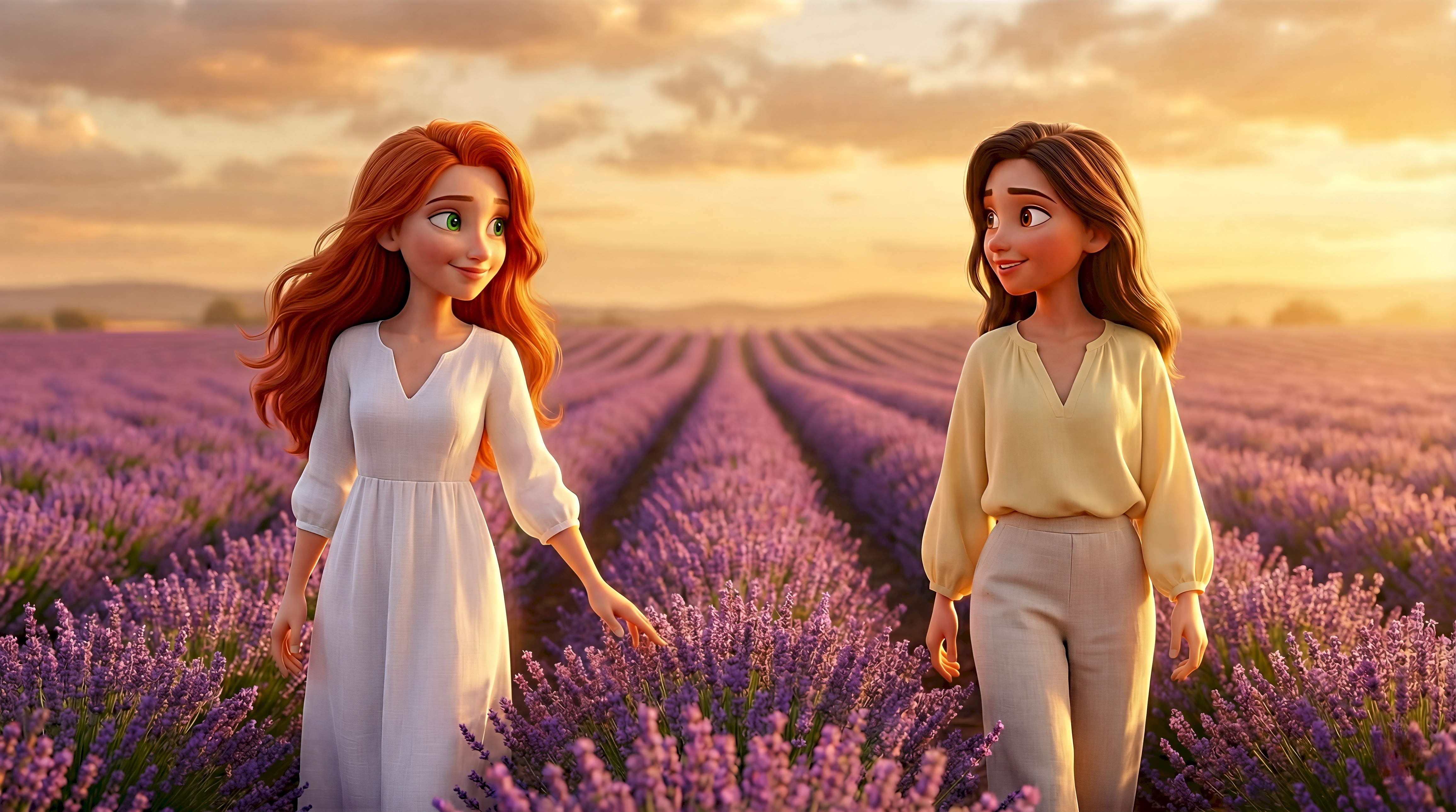 Two radiant 3D animated women in a white linen dress and yellow blouse walk through endless