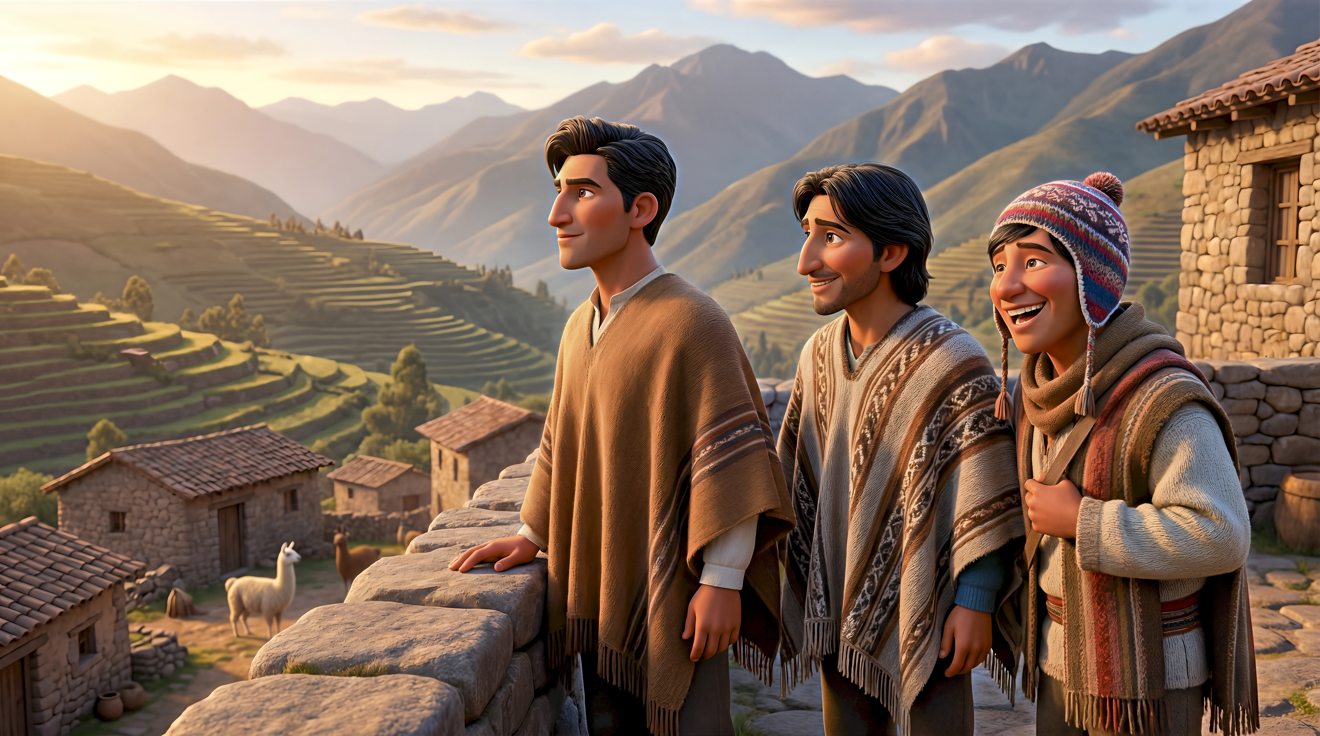 Three cinematic 3D animated characters in traditional Andean wool ponchos and a chullo beanie stand on