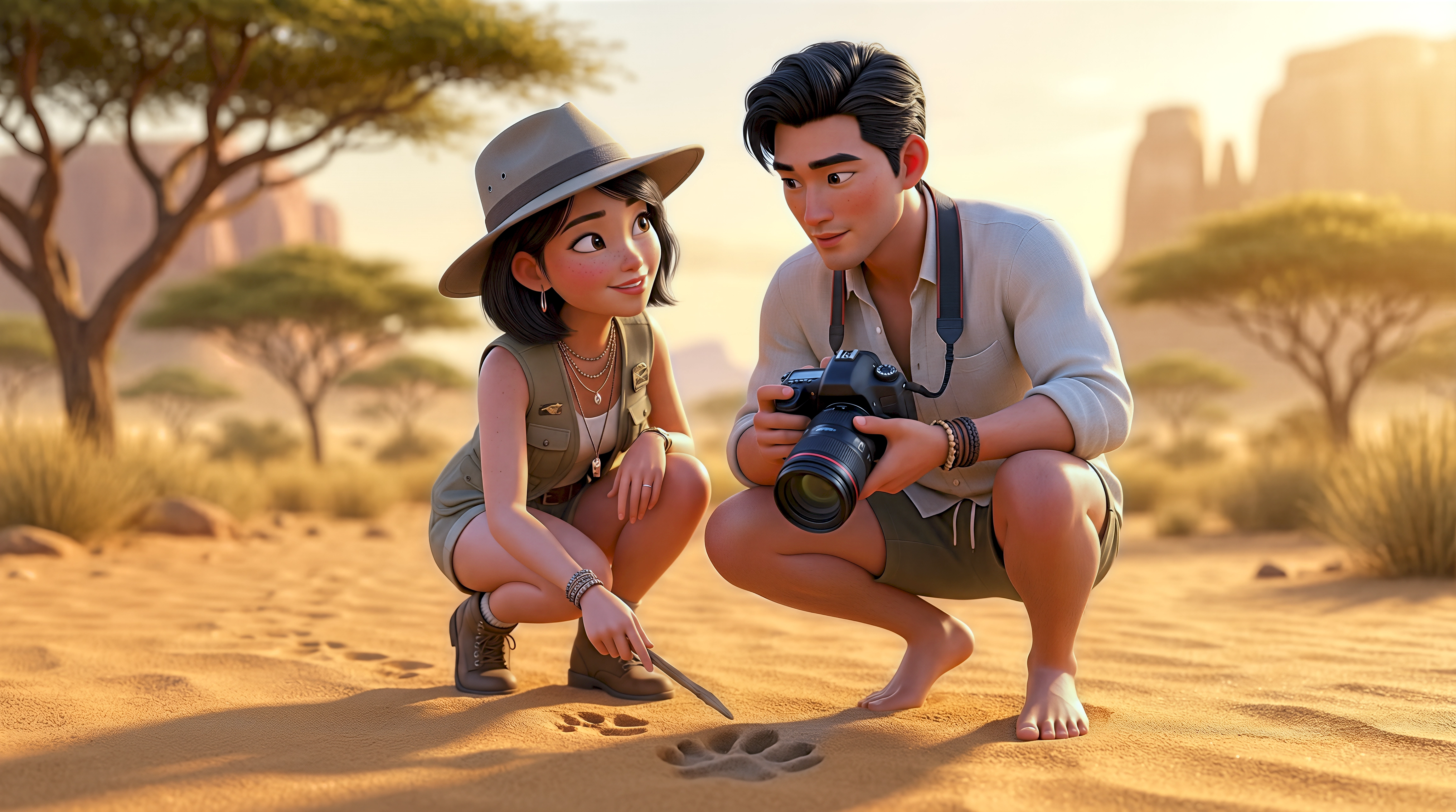 Two adventurous 3D animated characters in safari vest and pith hat crouch over large animal paw