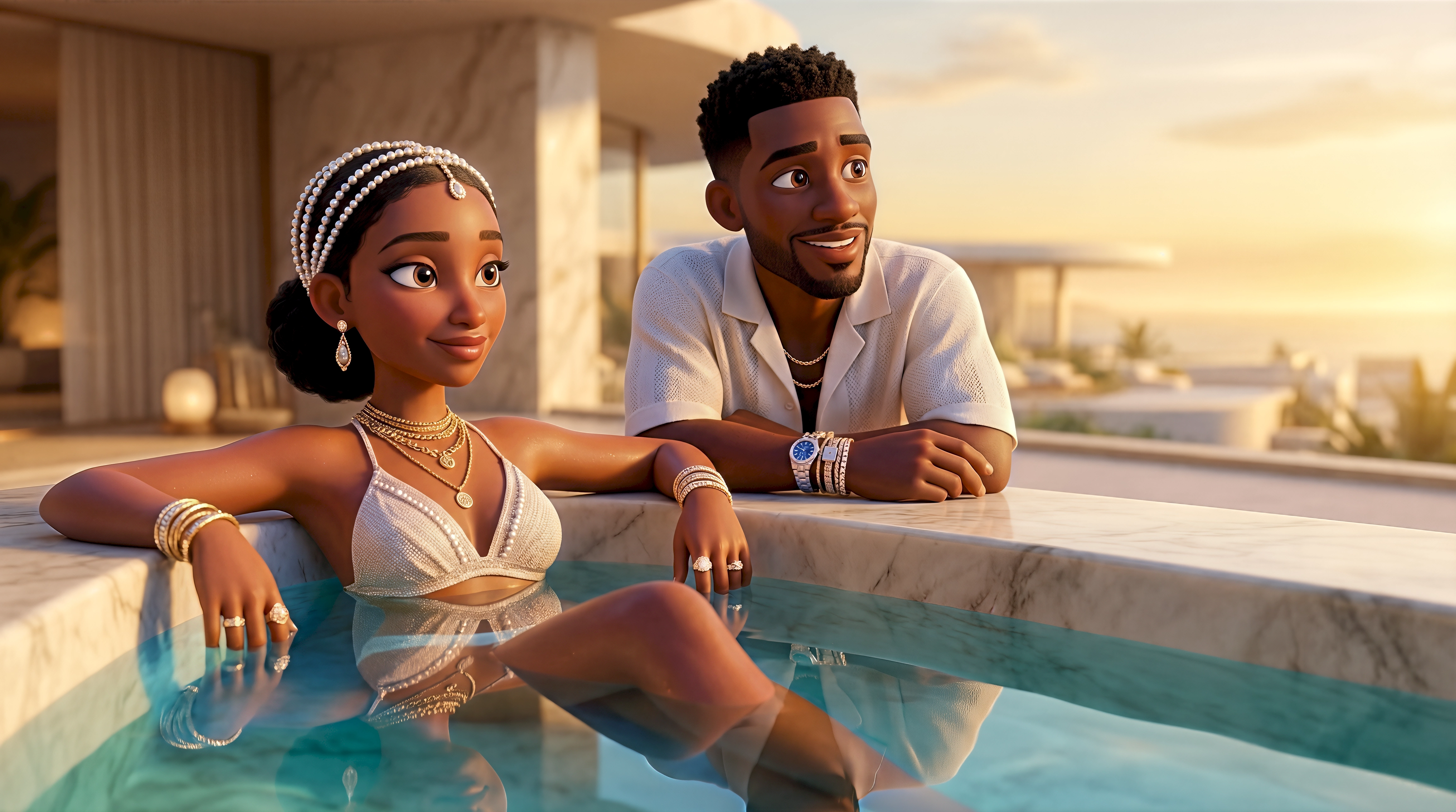 Two glamorous 3D animated characters draped in gold jewellery and luxury accessories relax at the edge
