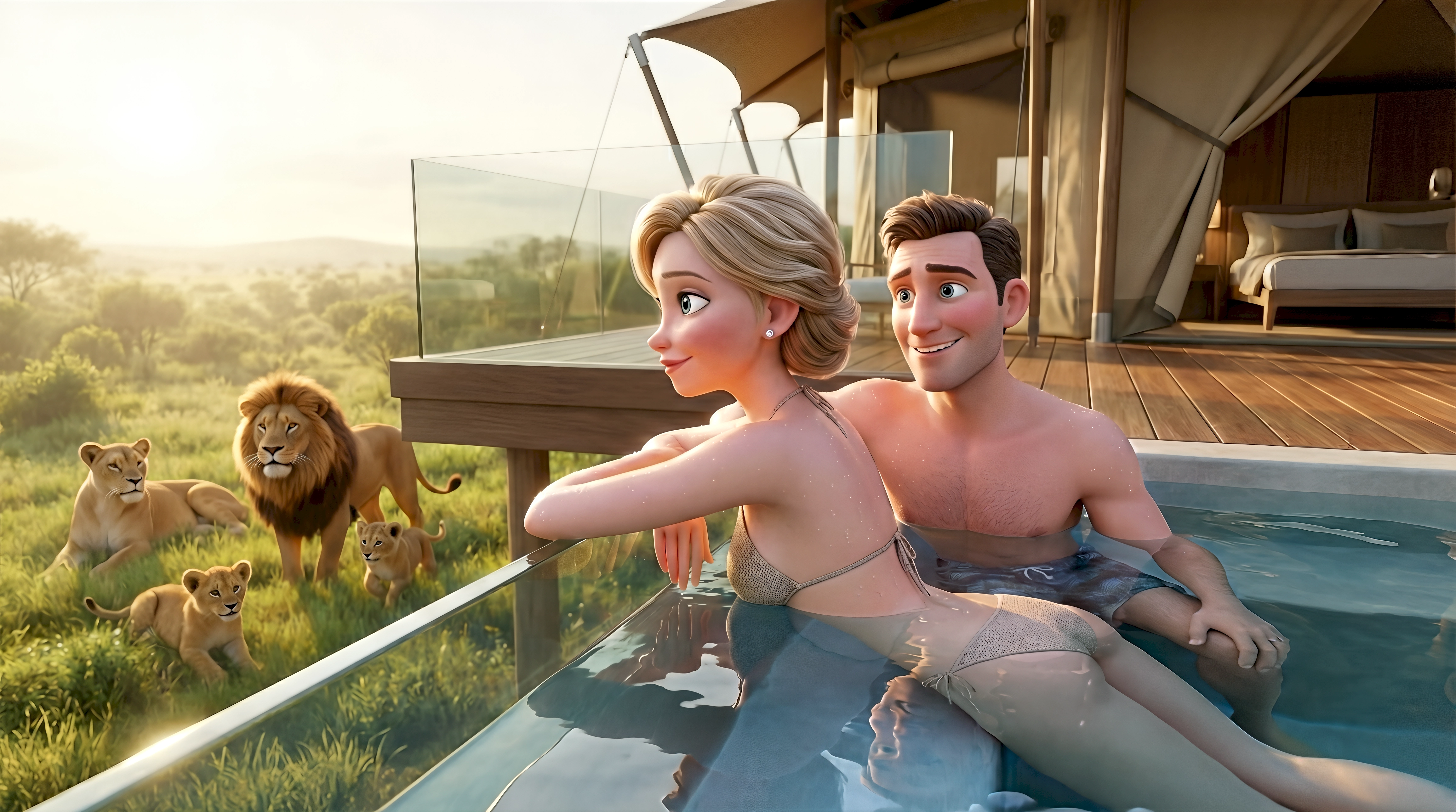 Two stylized 3D animated characters including a woman in a halter bikini and a shirtless man