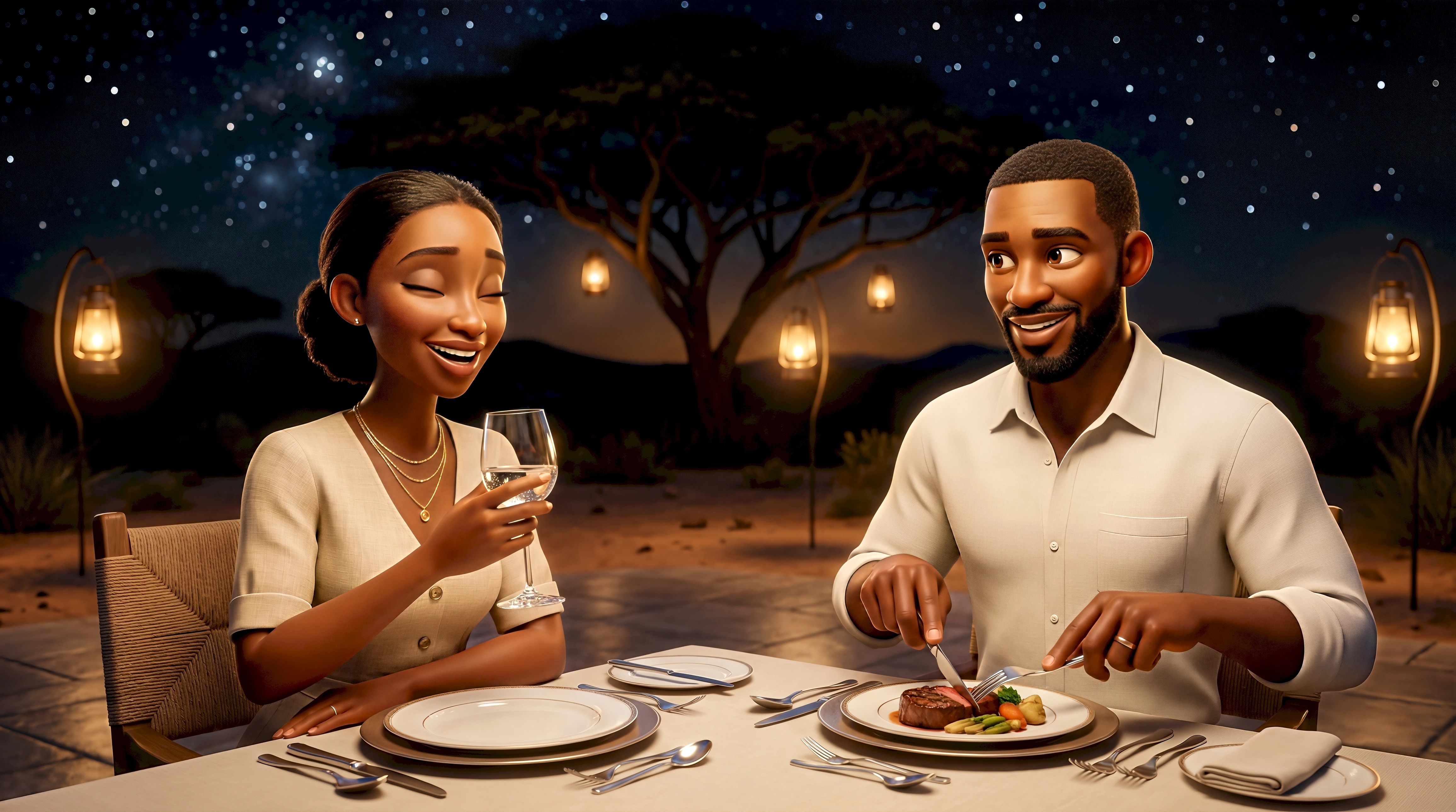 Two elegant 3D animated characters in cream linen share a romantic fine dining bush dinner under