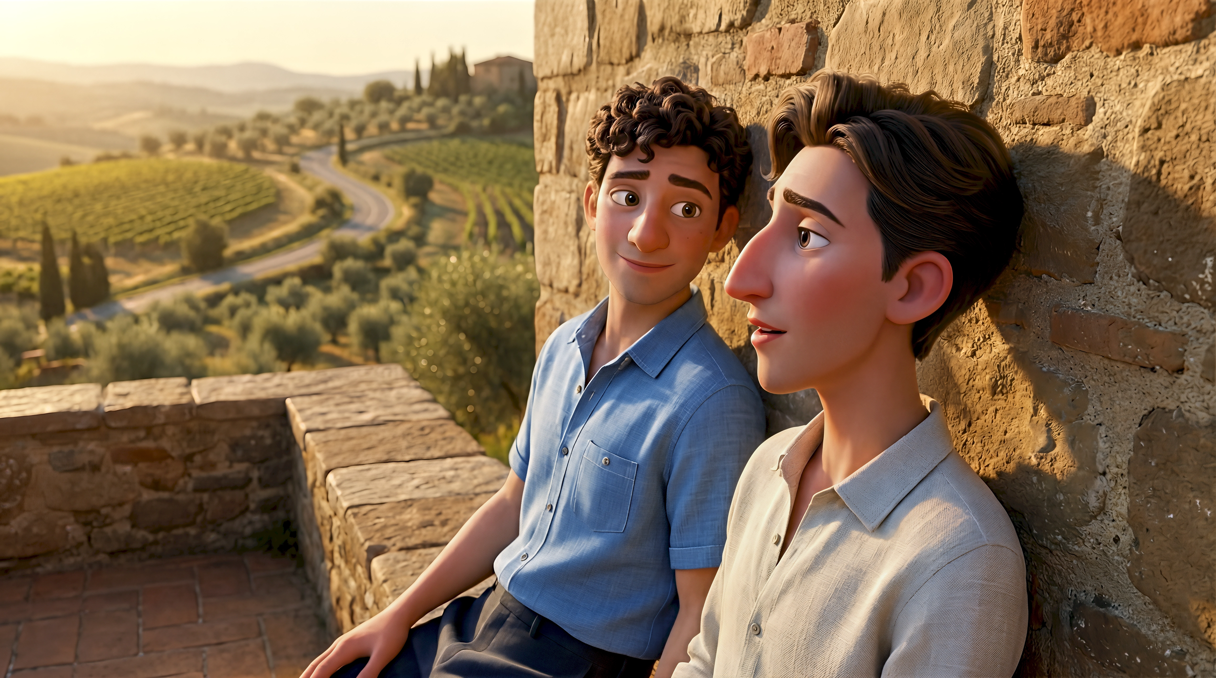 Two relaxed 3D animated men in linen shirts lean against an ancient stone wall on a