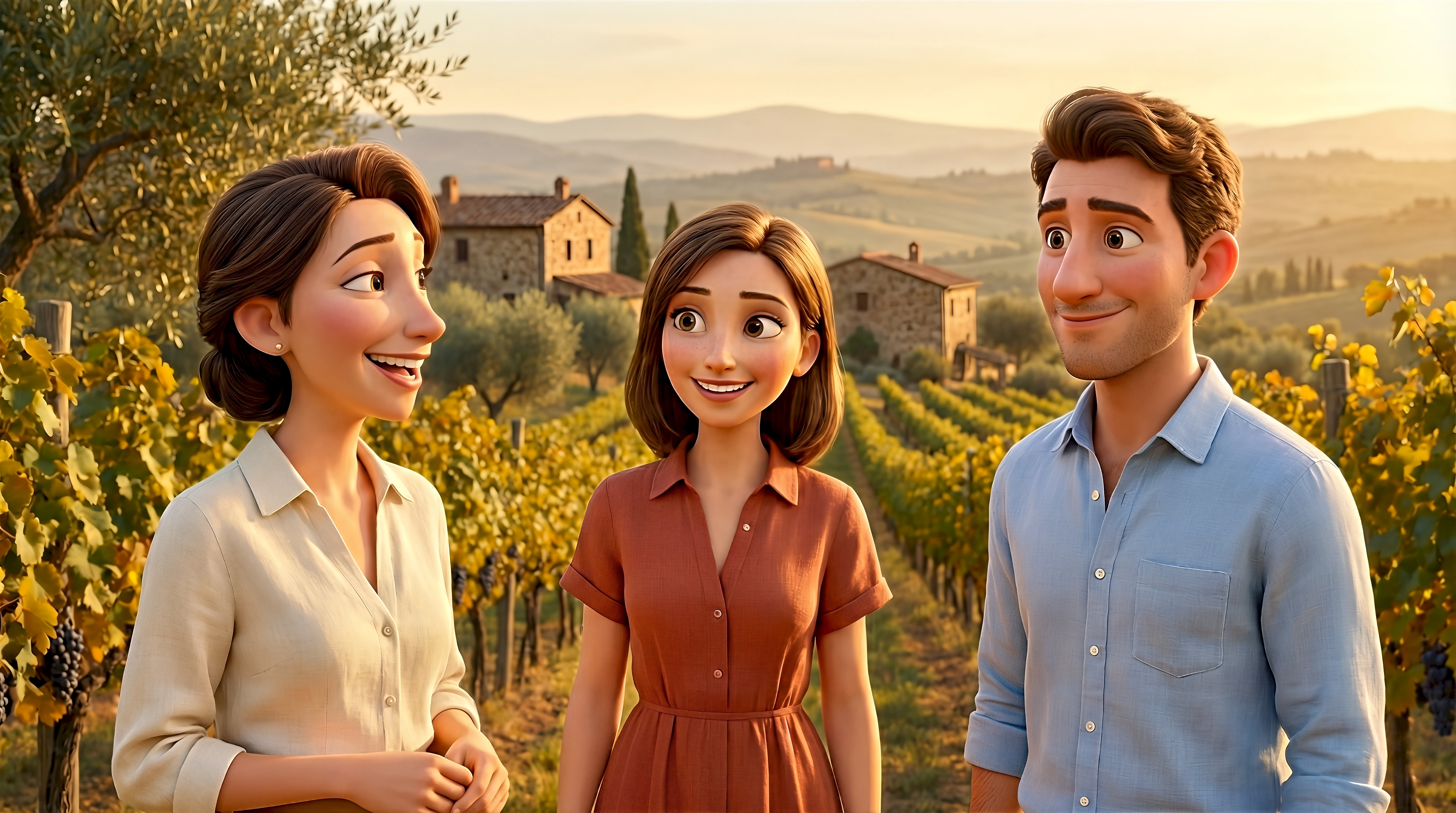 Three expressive 3D animated characters in linen and a terracotta dress stand among ripe grape vines