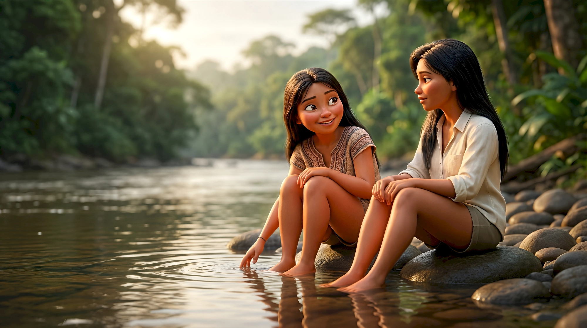 Two serene 3D animated women in a woven patterned top and linen shirt sit barefoot on smooth river stones…