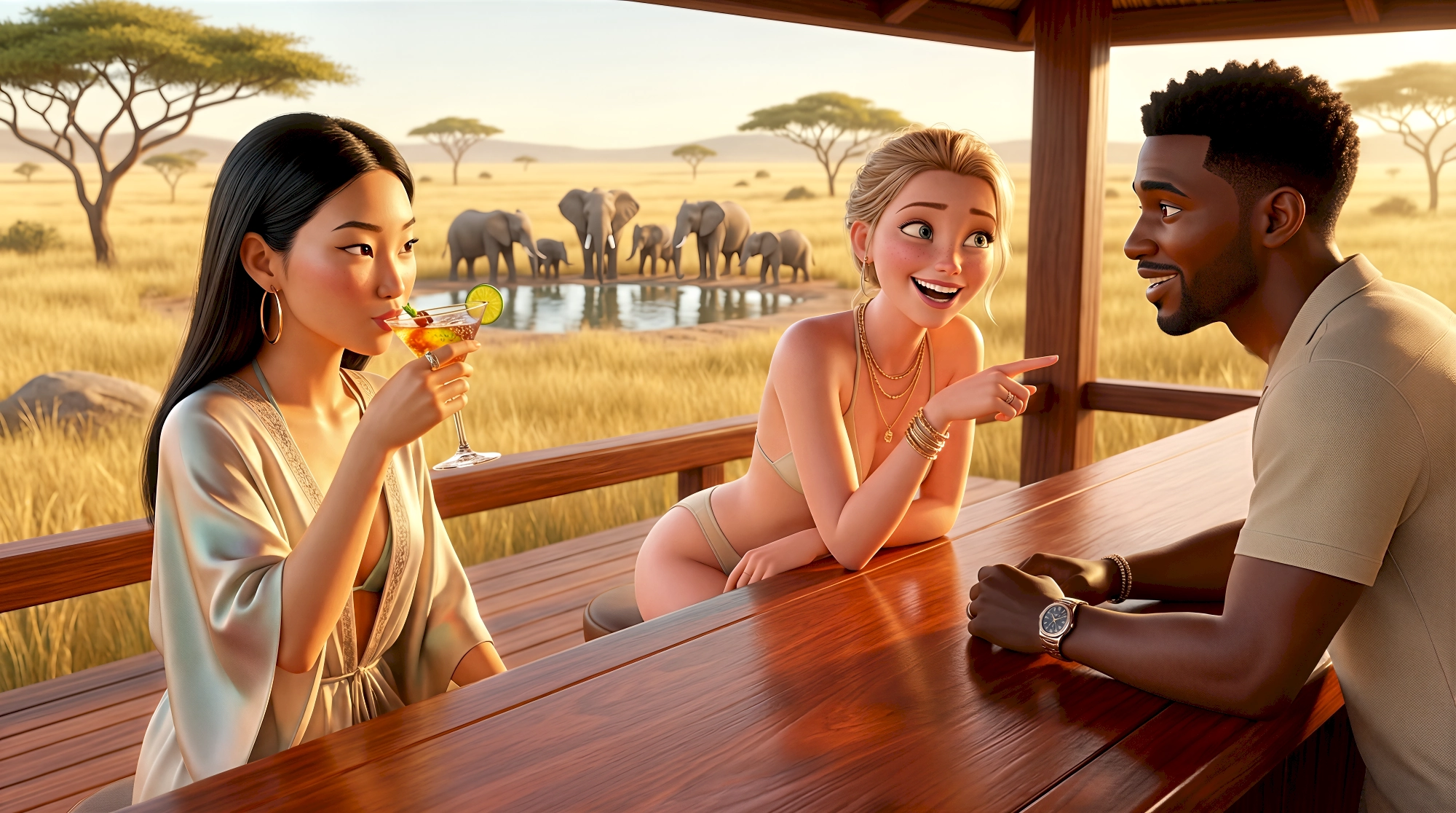 Three vibrant 3D animated characters including two women in resort wear and a man with a luxury watch enjoy…