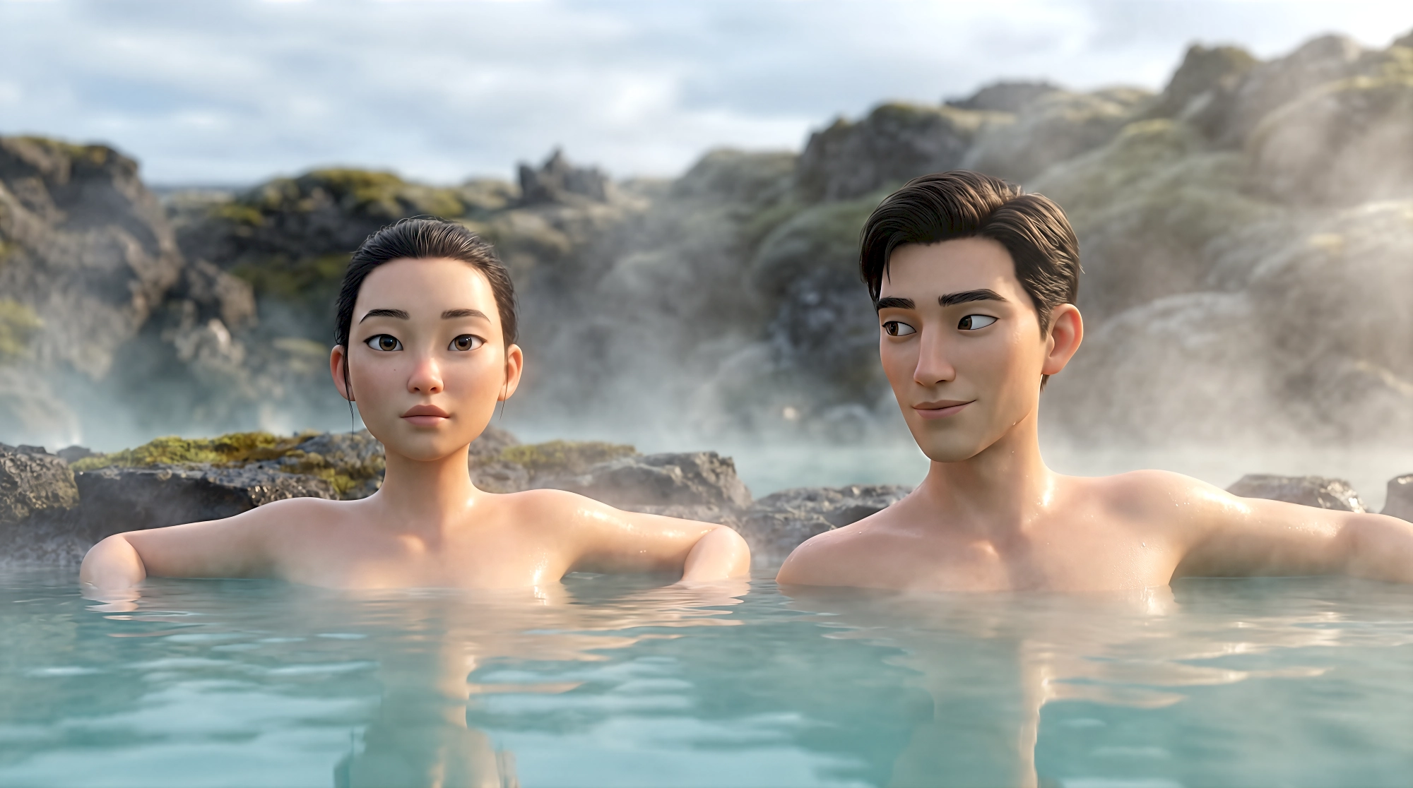 Two serene 3D animated characters soak together in the iconic milky aquamarine geothermal waters of the Blue…