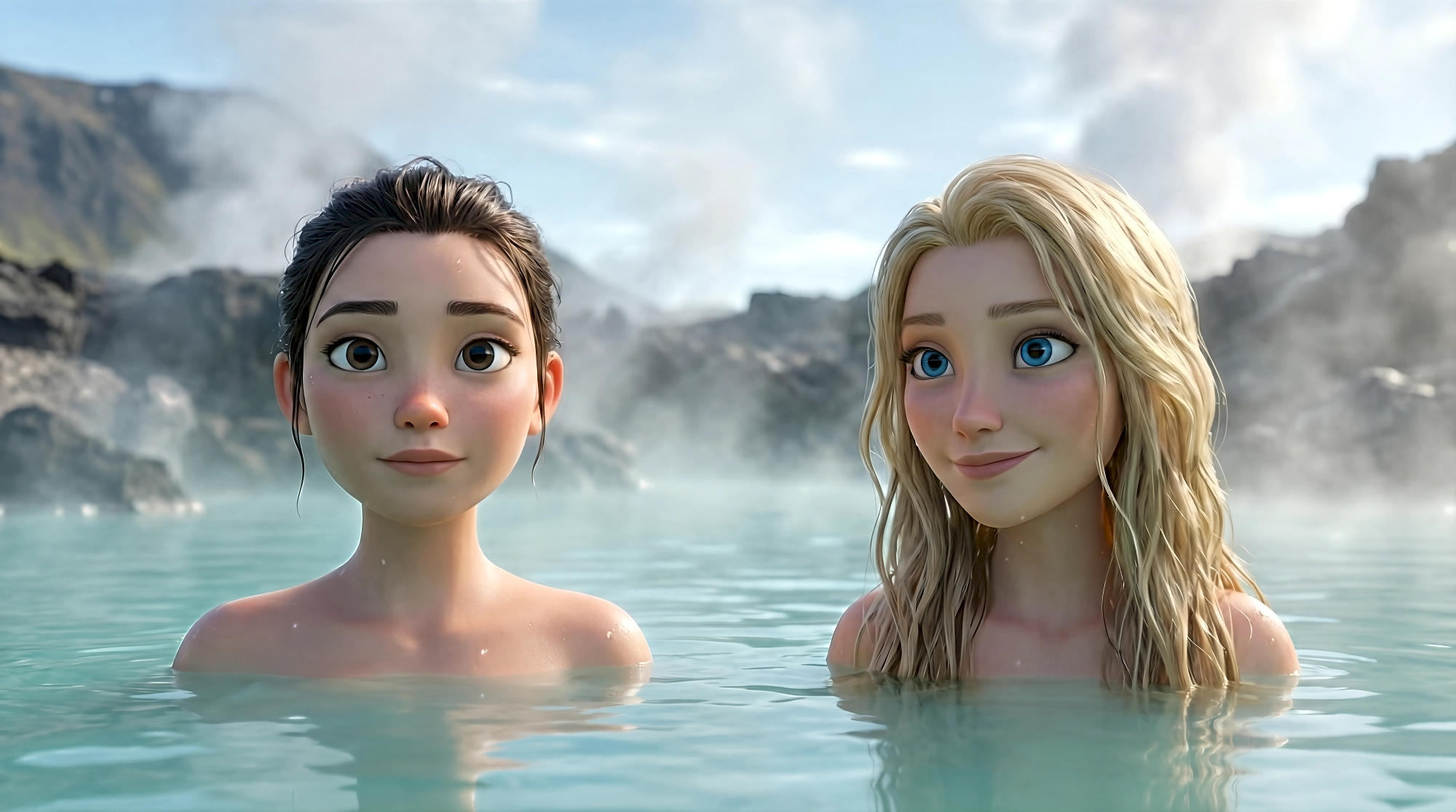 Two expressive 3D animated women soak shoulder-deep in the iconic milky aquamarine geothermal waters of the…