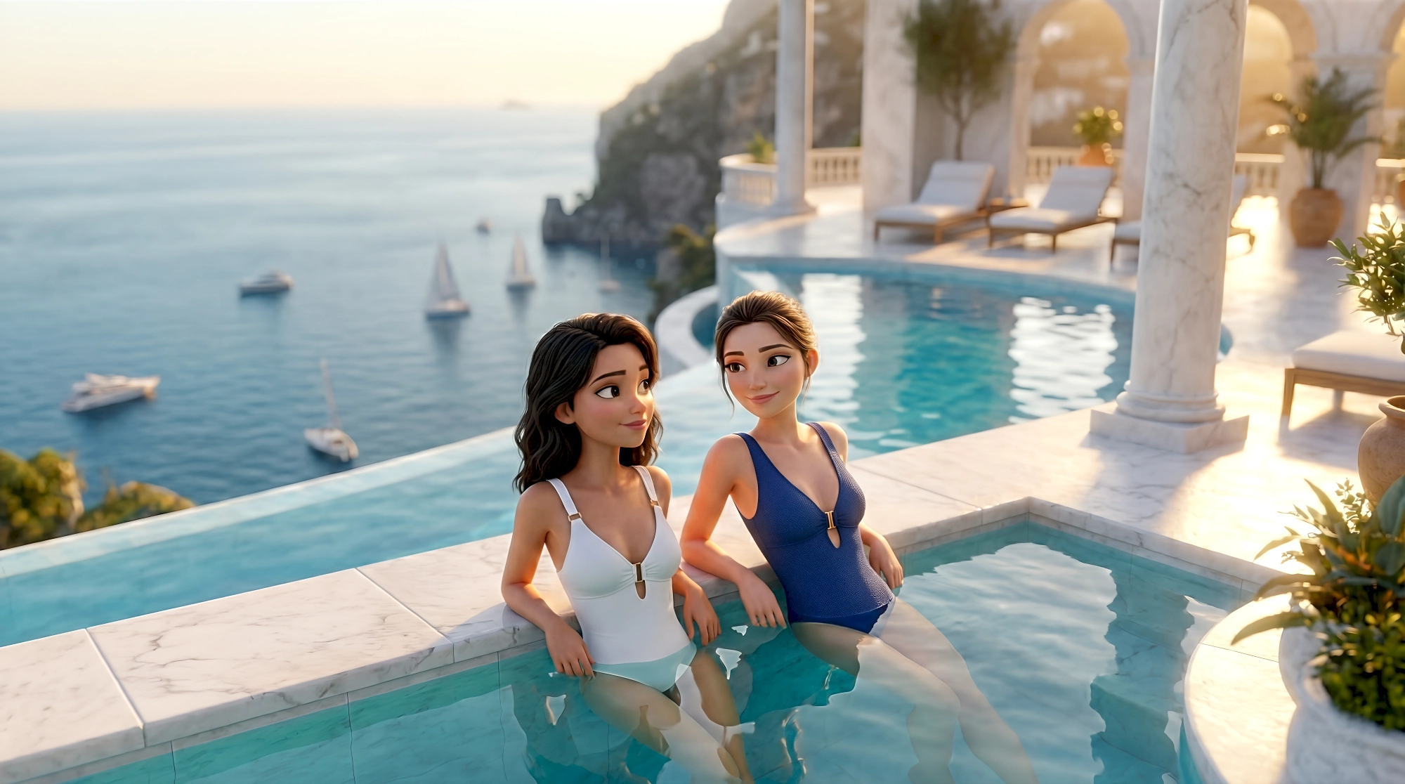 Two stylized 3D animated women in elegant one-piece swimsuits relax in a white marble infinity pool beneath…