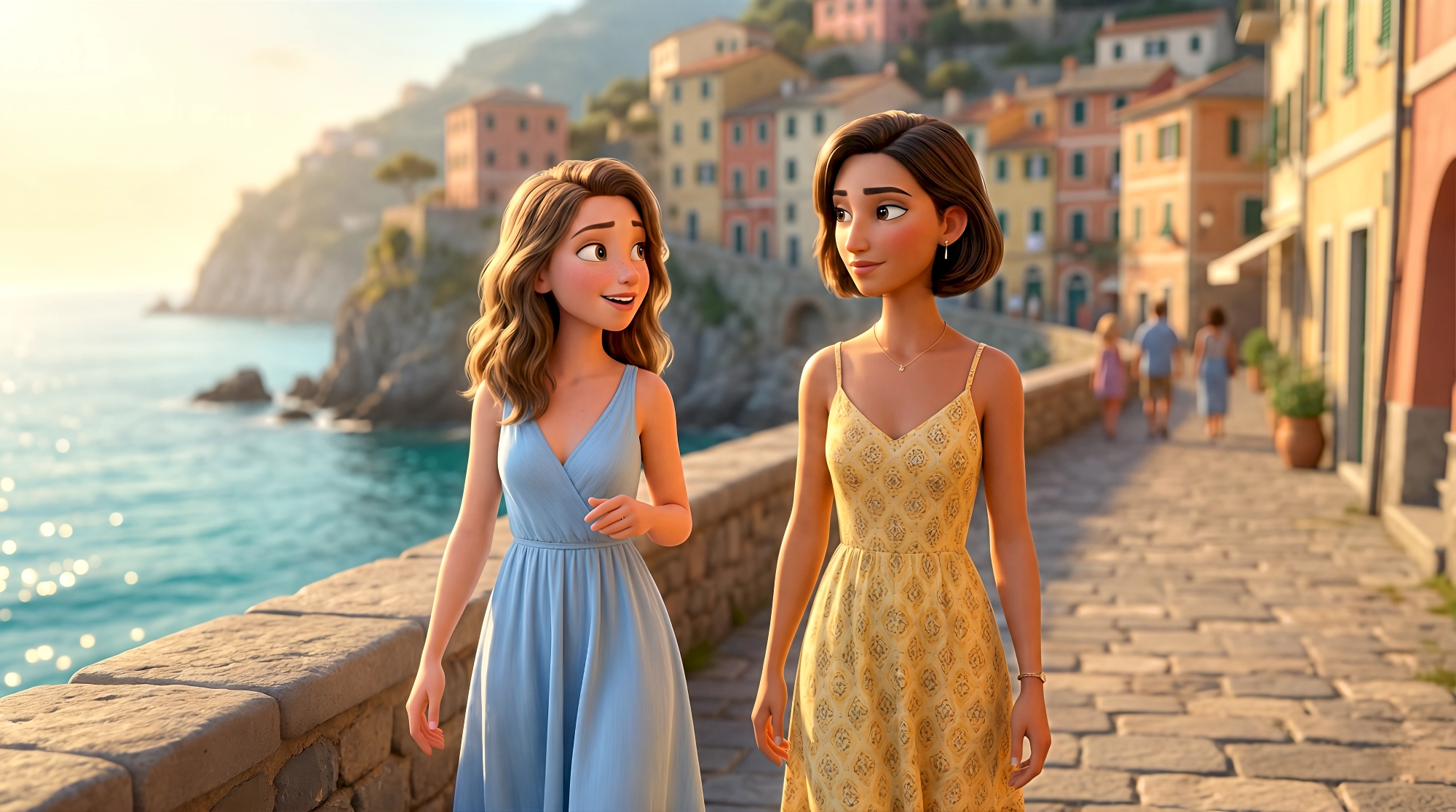 Two stylish 3D animated women in flowing sundresses stroll along the cobblestone seafront promenade of a…