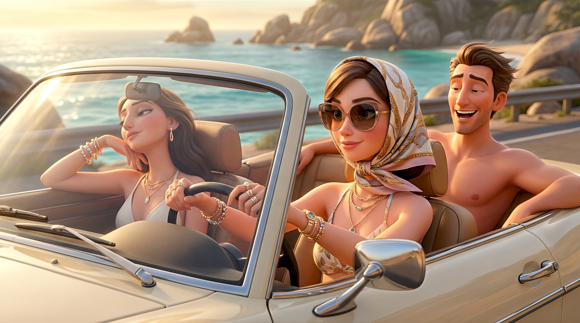 Three glamorous 3D animated characters including two women in bikinis and silk accessories and a shirtless…