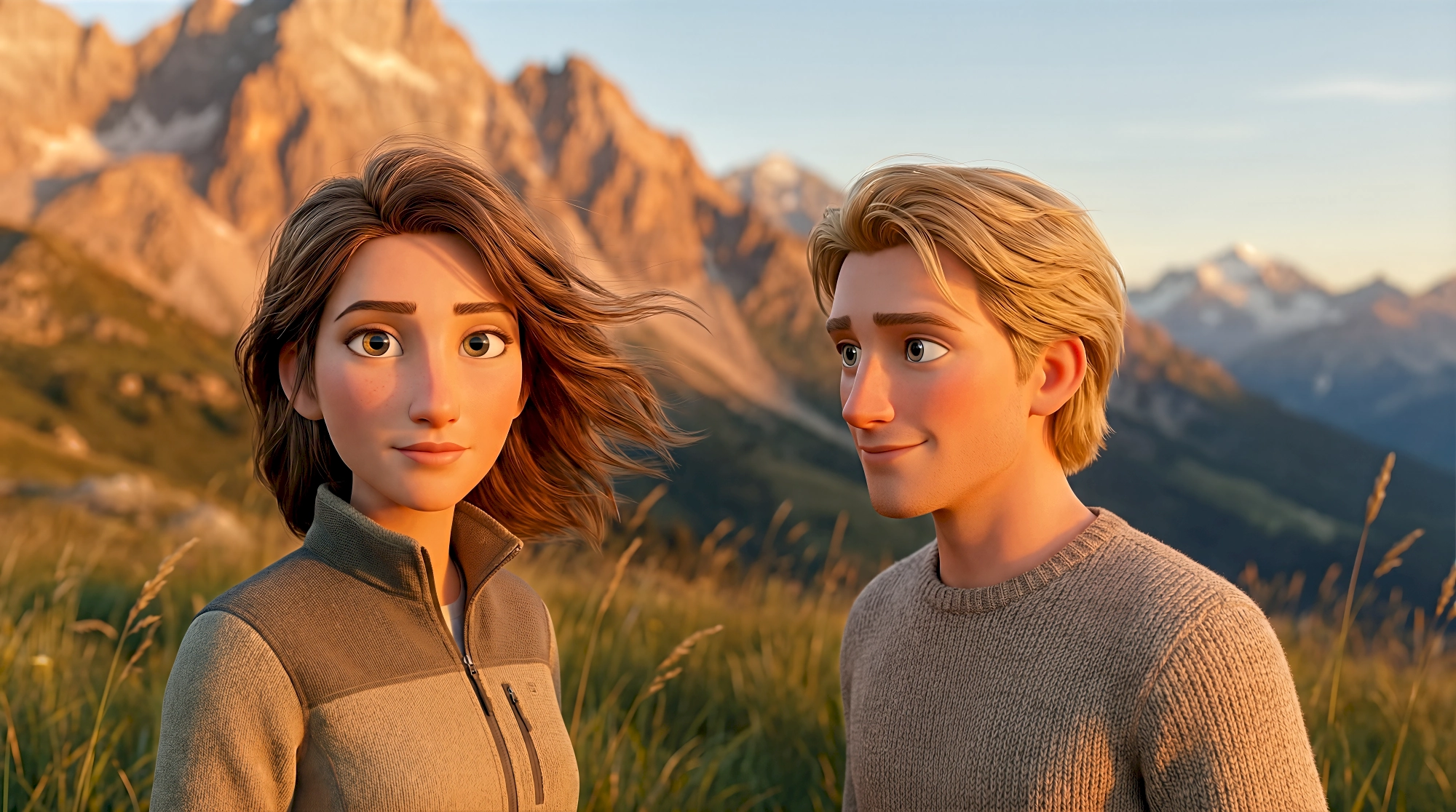 Two stylized 3D animated characters in fleece and knit sweaters stand in a windswept alpine meadow gazing at…