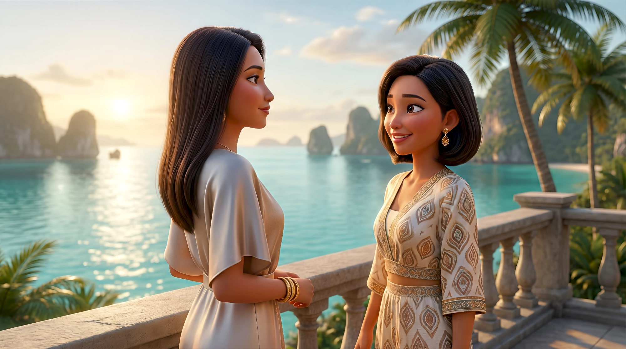 Two stylized 3D animated women in elegant flowing resort wear stand on a stone terrace overlooking the iconic…