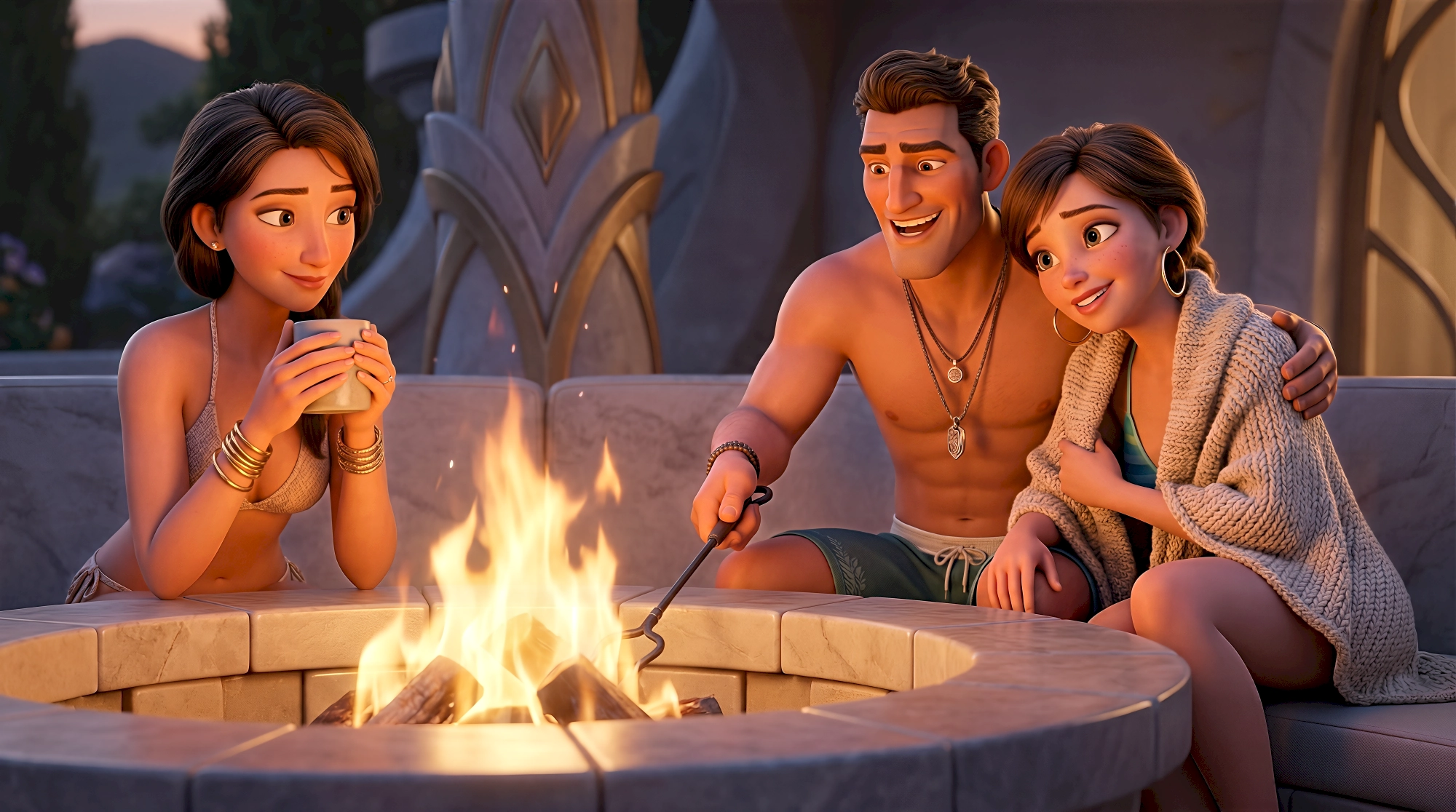 Three expressive 3D animated characters in swimwear and a chunky knit wrap gather around a glowing limestone…