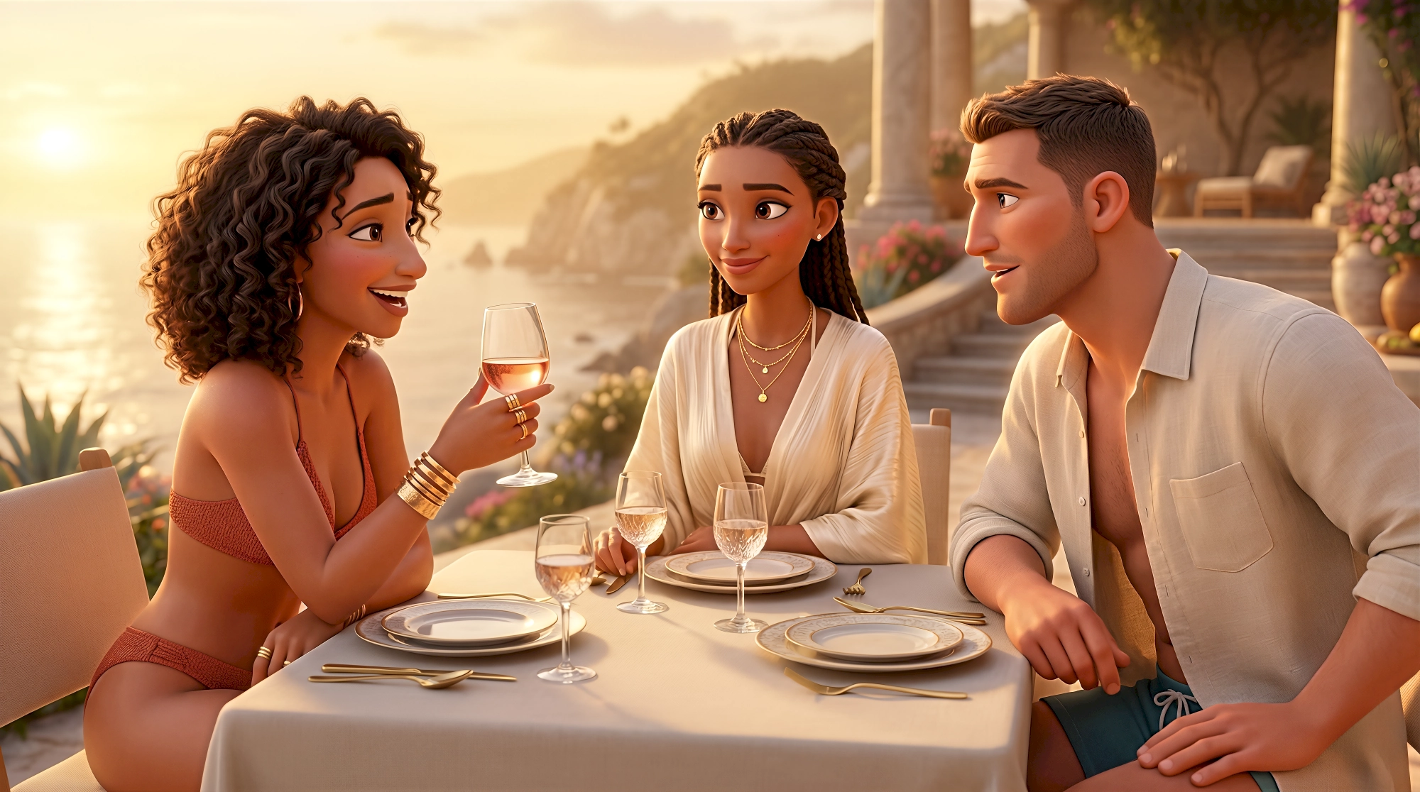 Three expressive 3D animated characters in resort wear share rose wine at a fine dining clifftop table…