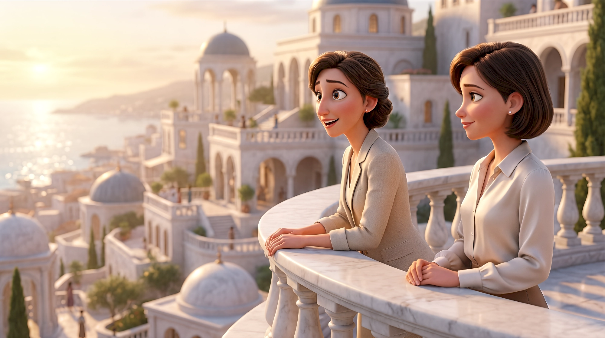 Two sophisticated 3D animated women in tailored blazers lean on a curved white marble terrace taking in a…