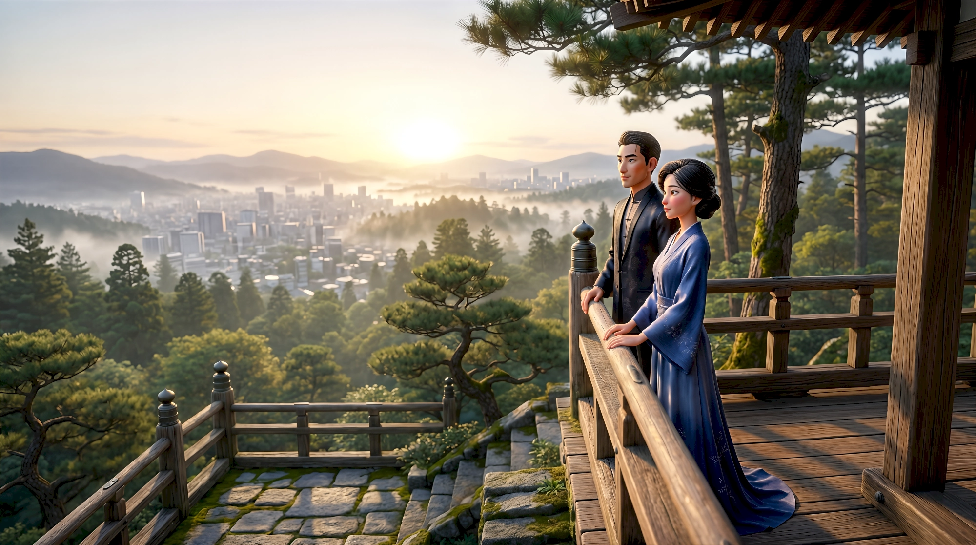 Two elegant 3D animated characters in a dark mandarin jacket and blue kimono stand on an ancient weathered…