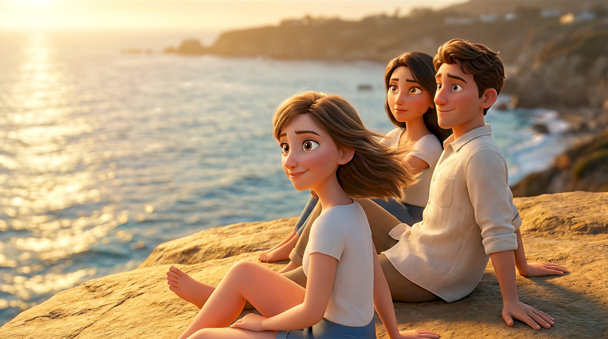 Three relaxed 3D animated characters in casual coastal wear sit on warm sandstone cliffs watching the golden…