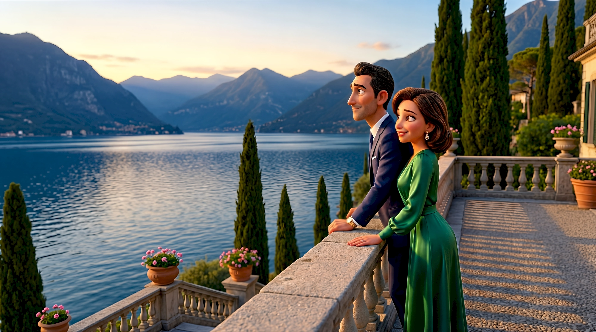 Two sophisticated 3D animated characters in a navy suit and emerald green gown lean on a stone villa terrace…