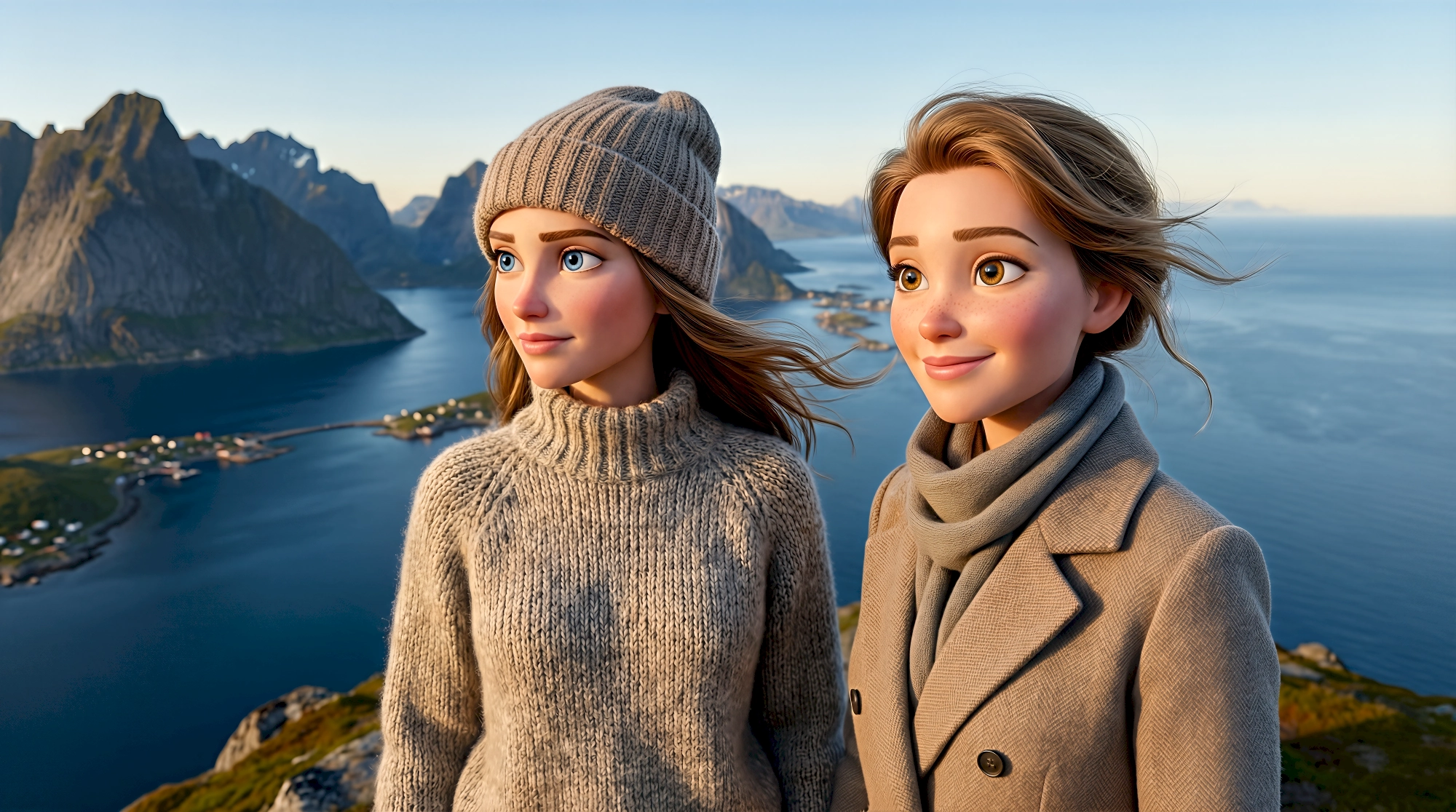 Two cinematic 3D animated women including one in a chunky knit sweater and wool beanie and the other in a…
