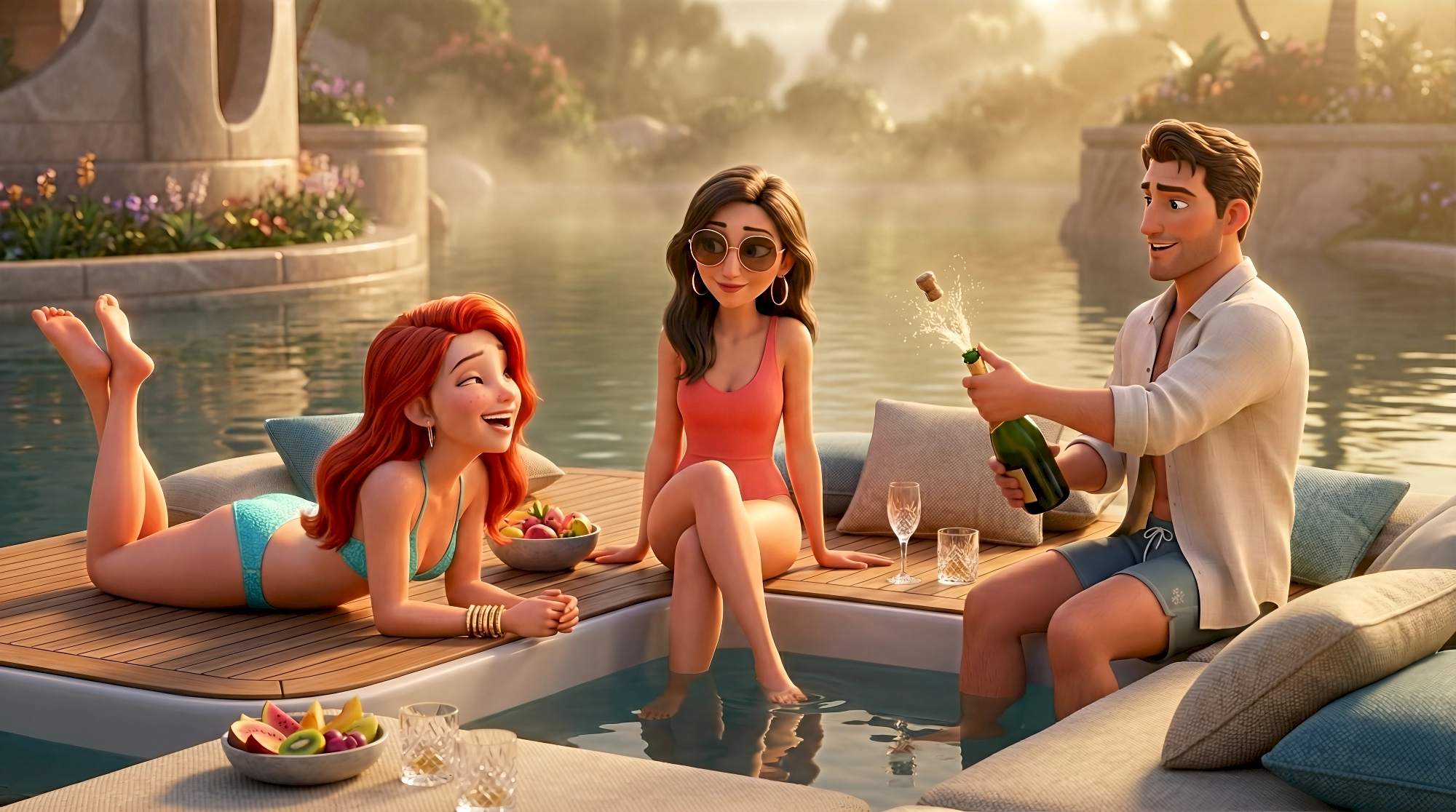 Three vibrant 3D animated characters in swimwear lounge on a floating teak pool platform popping champagne…