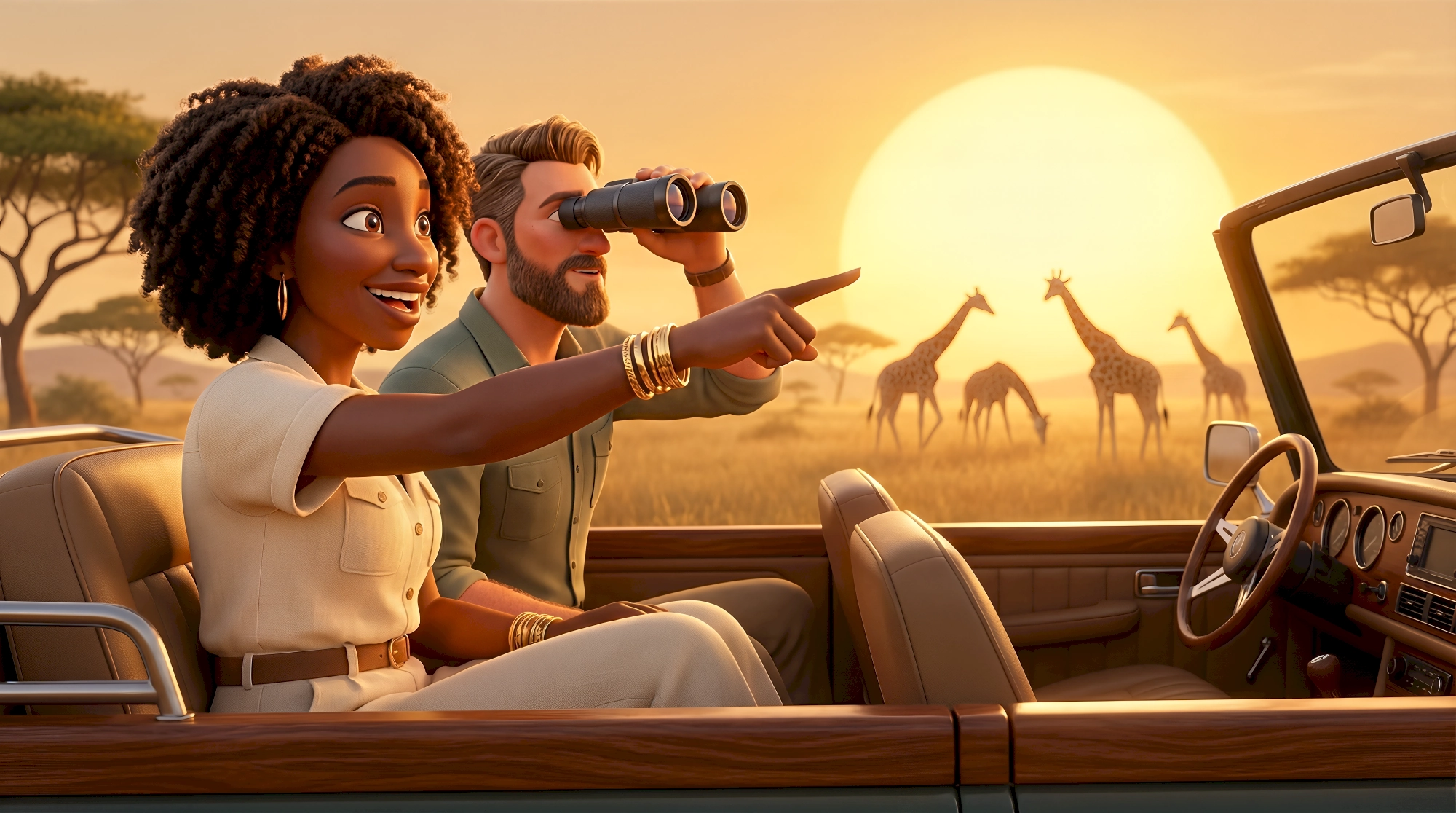 Two expressive 3D animated characters including a woman in a beige safari dress with gold bangles pointing…